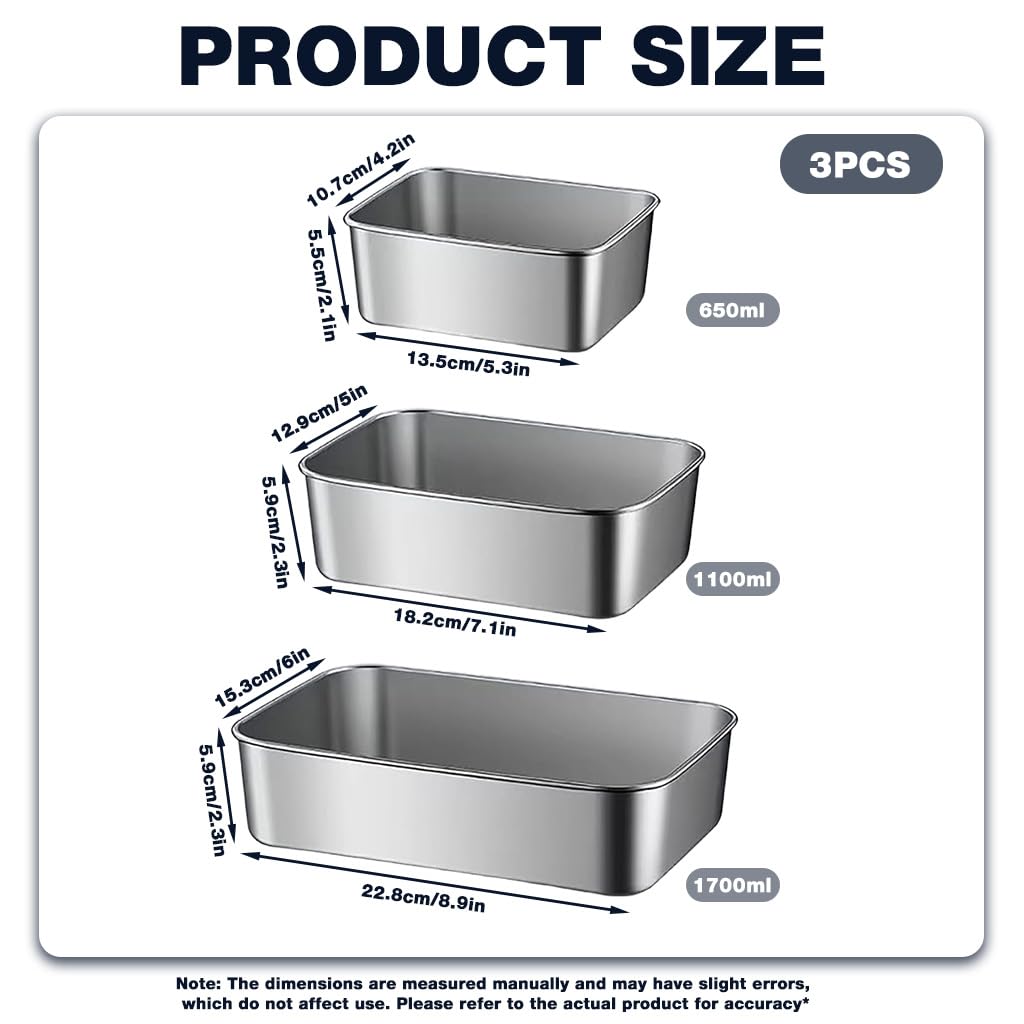 HASTHIP Stainless Steel Food Containers Set for Freezer and Outdoor Use with Clear Leak Proof Lids | 3 Sizes 650ml 1100ml 1700ml