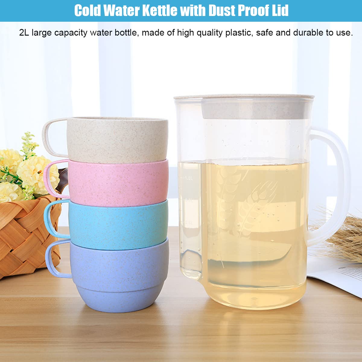 4 Pcs Unbreakable Wheat Straw Plastic Mugs with 2L Cold Water Kettle, 4 Multicolor Cups for Kids Children Toddler Adult, Dishwasher Coffee Mug for Water, Tea, Milks, Juice