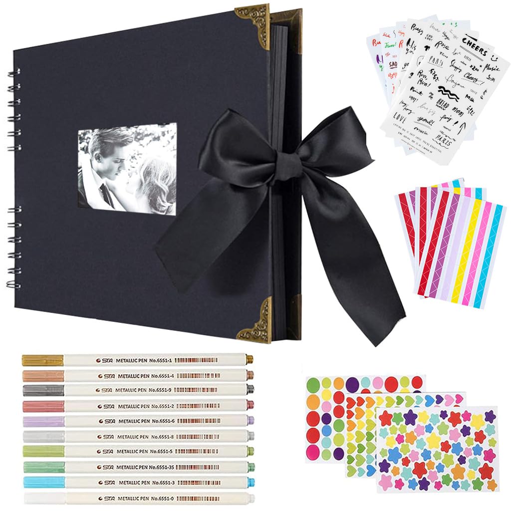 HASTHIP DIY Scrapbook Photo Album Kit for Weddings and Anniversaries with Ribbon Closure 80 Pages Black | Perfect Memory Gift