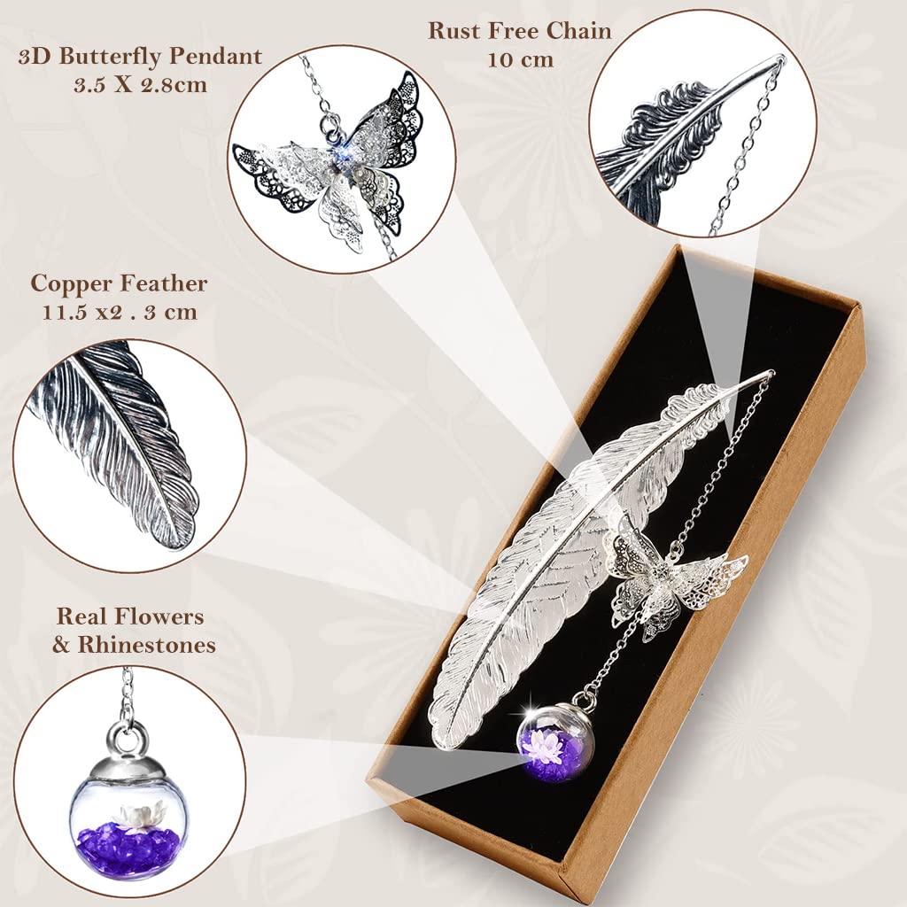 HASTHIP Metal Feather Bookmark for Reading and Gifting with 3D Butterfly & Glass Bead | 2 PCS Copper Set