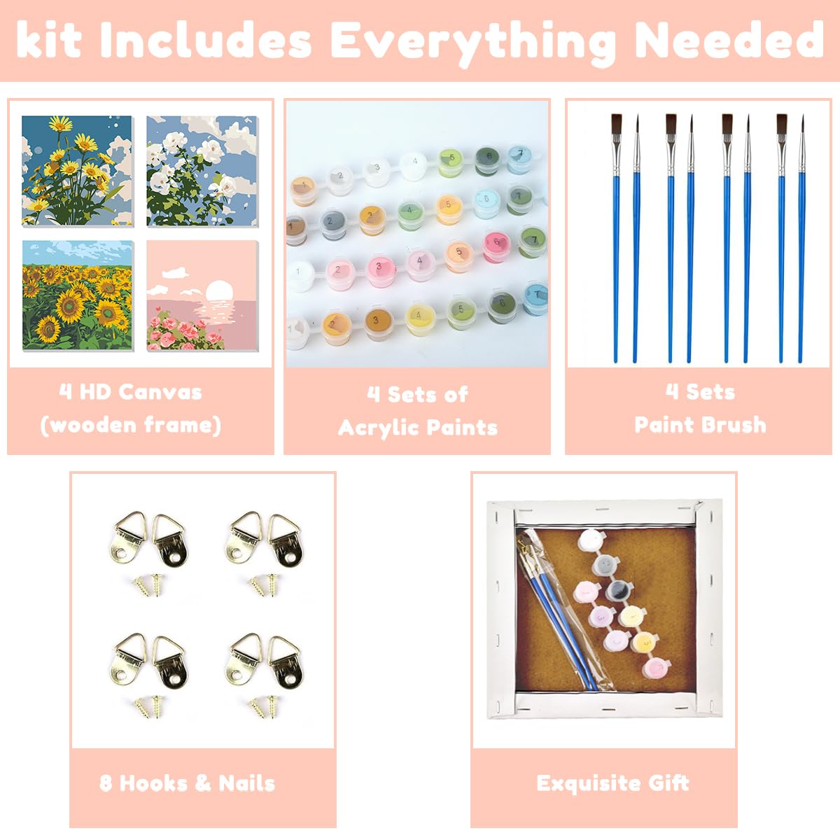 HASTHIP DIY Oil Painting Kit for Relaxing Home Art | 4PCS 7.8x7.8 in Canvases with Frames