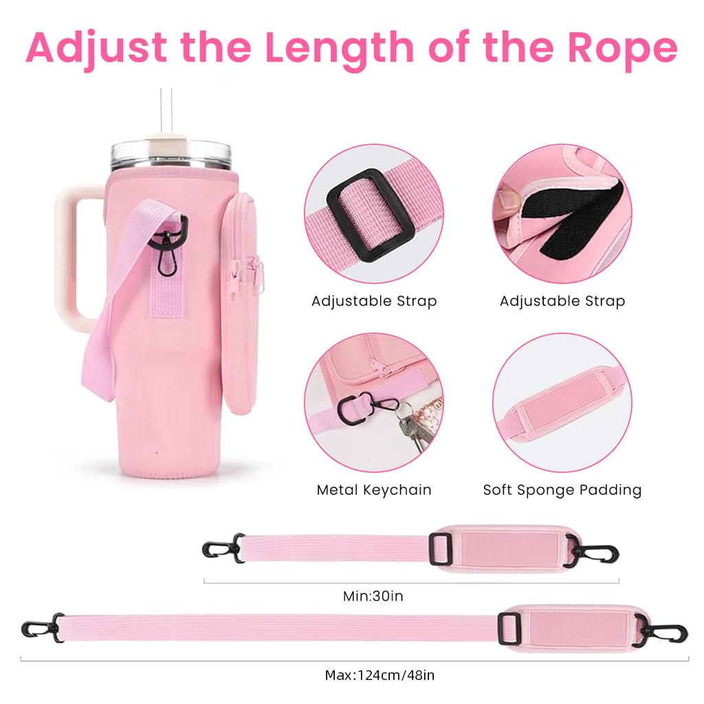 HASTHIP Water Bottle Carrier Bag for Stanley 30 oz Tumbler with Phone Pocket and Adjustable Strap | Pink Neoprene Holder
