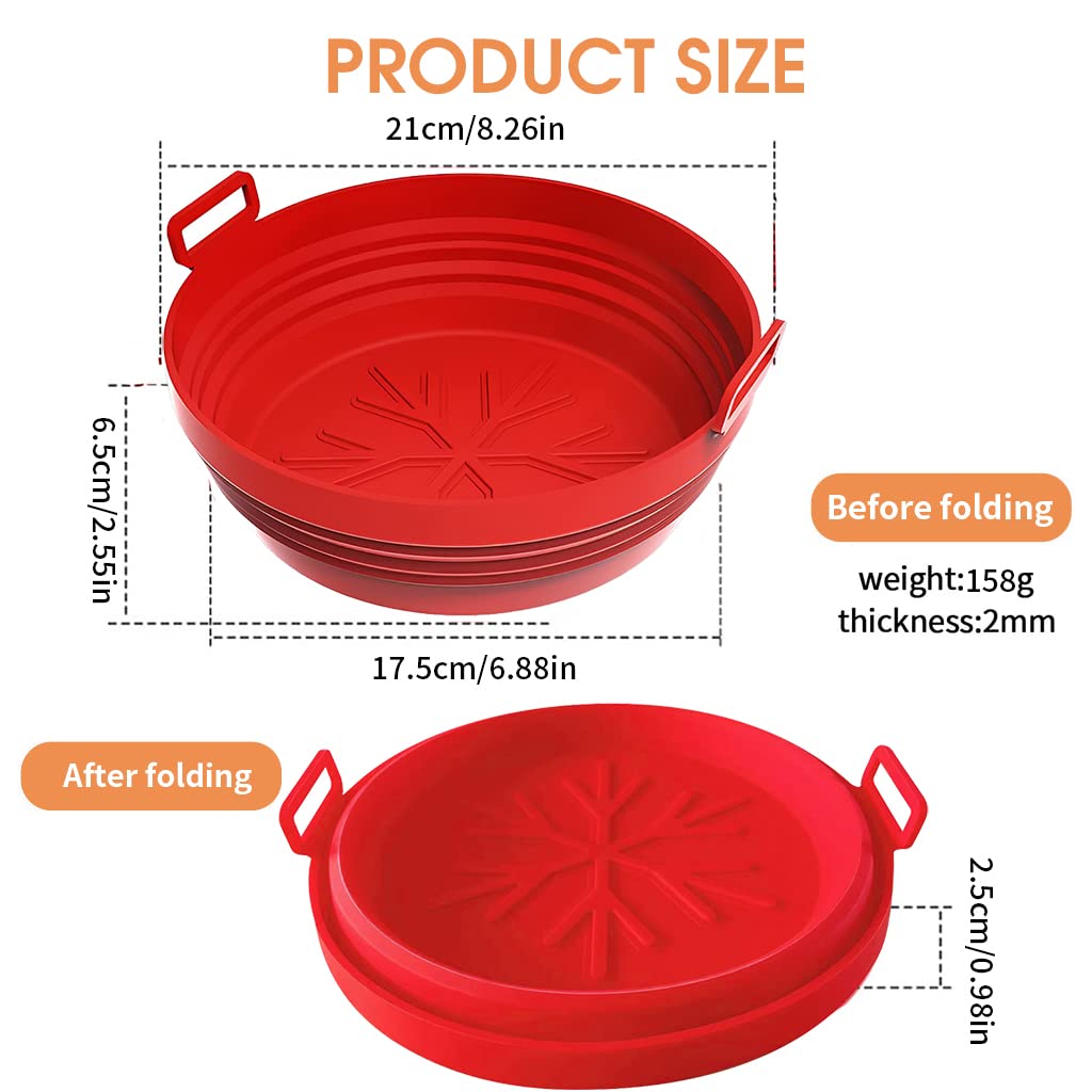 Air Fryer Silicone Baking Tray, 1 Pcs 8.2 Inch Foldable Air Fryer Liner for 4-7QT, Reusable Air Fryer Silicone Pot with Anti-scalding Handles, Food Safe Air Fryers Oven Accessories (Red)