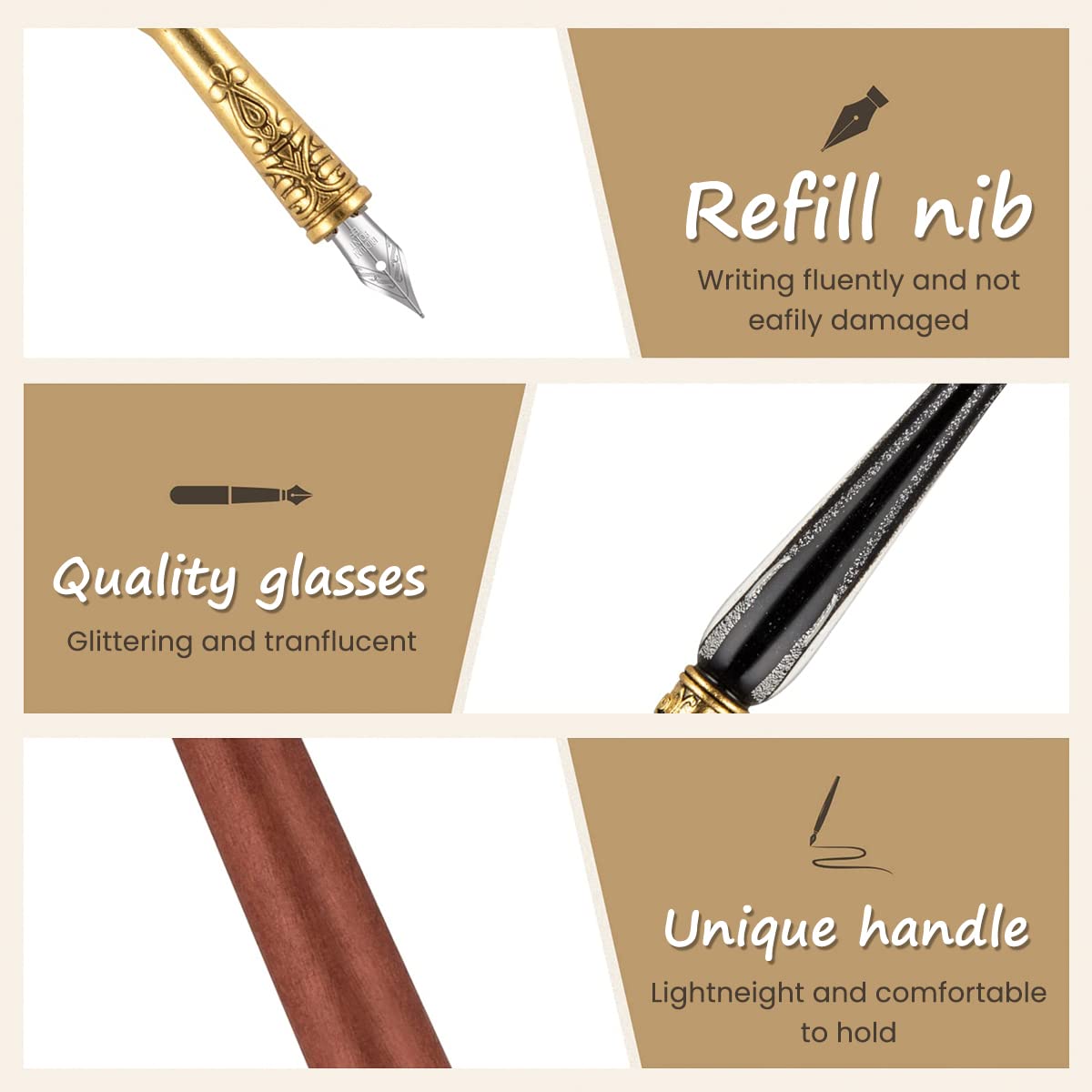 HASTHIP® Feather Pen with Ink, Calligraphy Feather Pen with Wax Seal Stamp, Includes Feather Dip Pen, Glass Dip Pen, 6 Ink, 18 Replacement Nibs, Pen Holder, Seal Stamp, Wax Beads, Wax Spoon