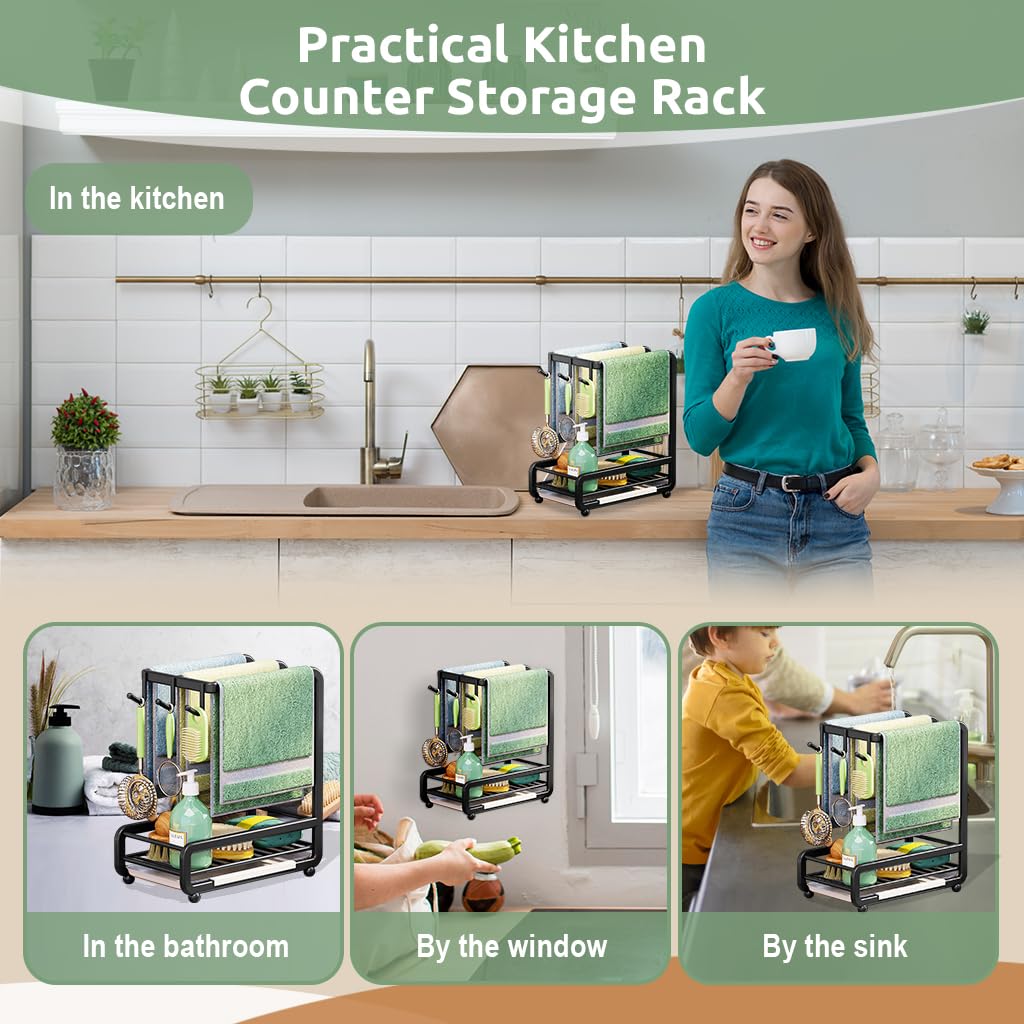 HASTHIP Kitchen Sink Organizer for Countertop Storage with Drainer Panel 24.5 x 14 x 28cm | Carbon Steel Black Rack