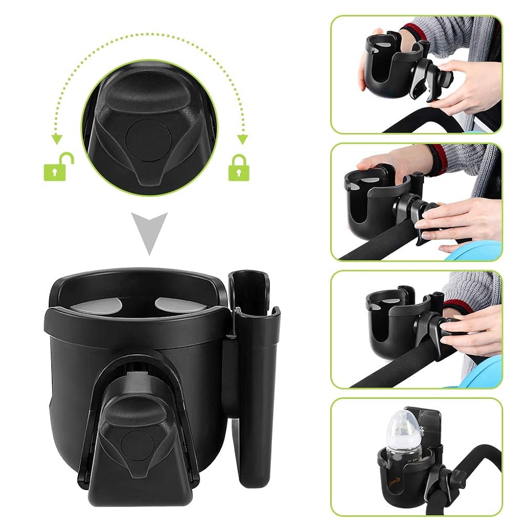 HASTHIP® Stroller Cup Holder with Phone Holder, 2-in-1 Cup Stroller for Bike Universal Strollers, Bike, Wheelchair, Walker, Scooter - Black