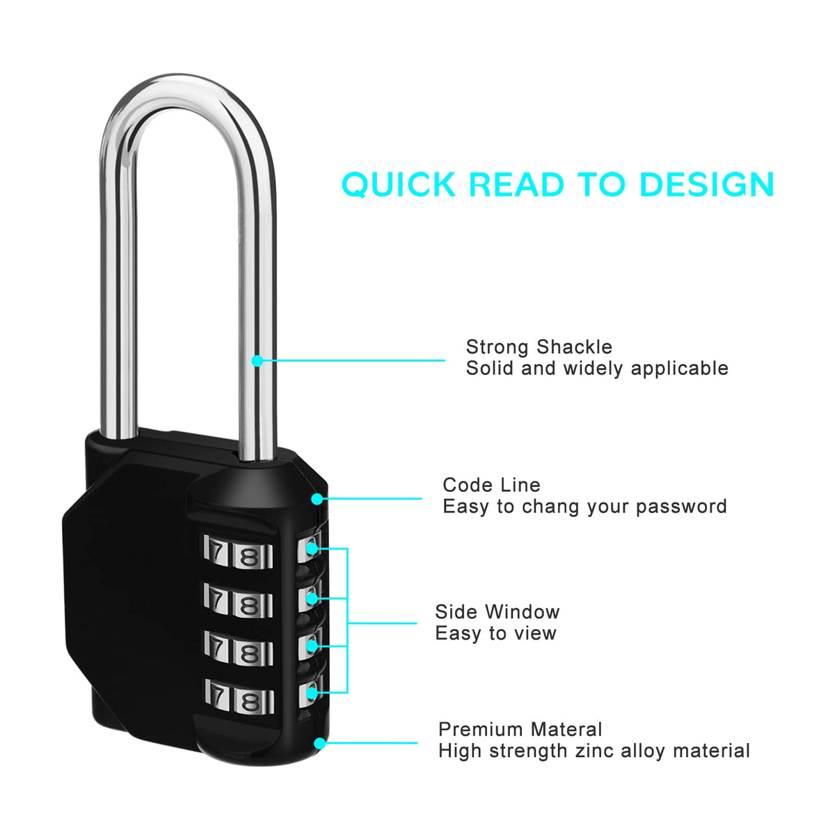 Luggage Lock 4 Digit Combination Lock,Long Shackle Padlock and Outdoor Waterproof Resettable Padlock Heavy Duty Long Padlock for Lockers, Outdoor Fence, Shed,Garage (Black)