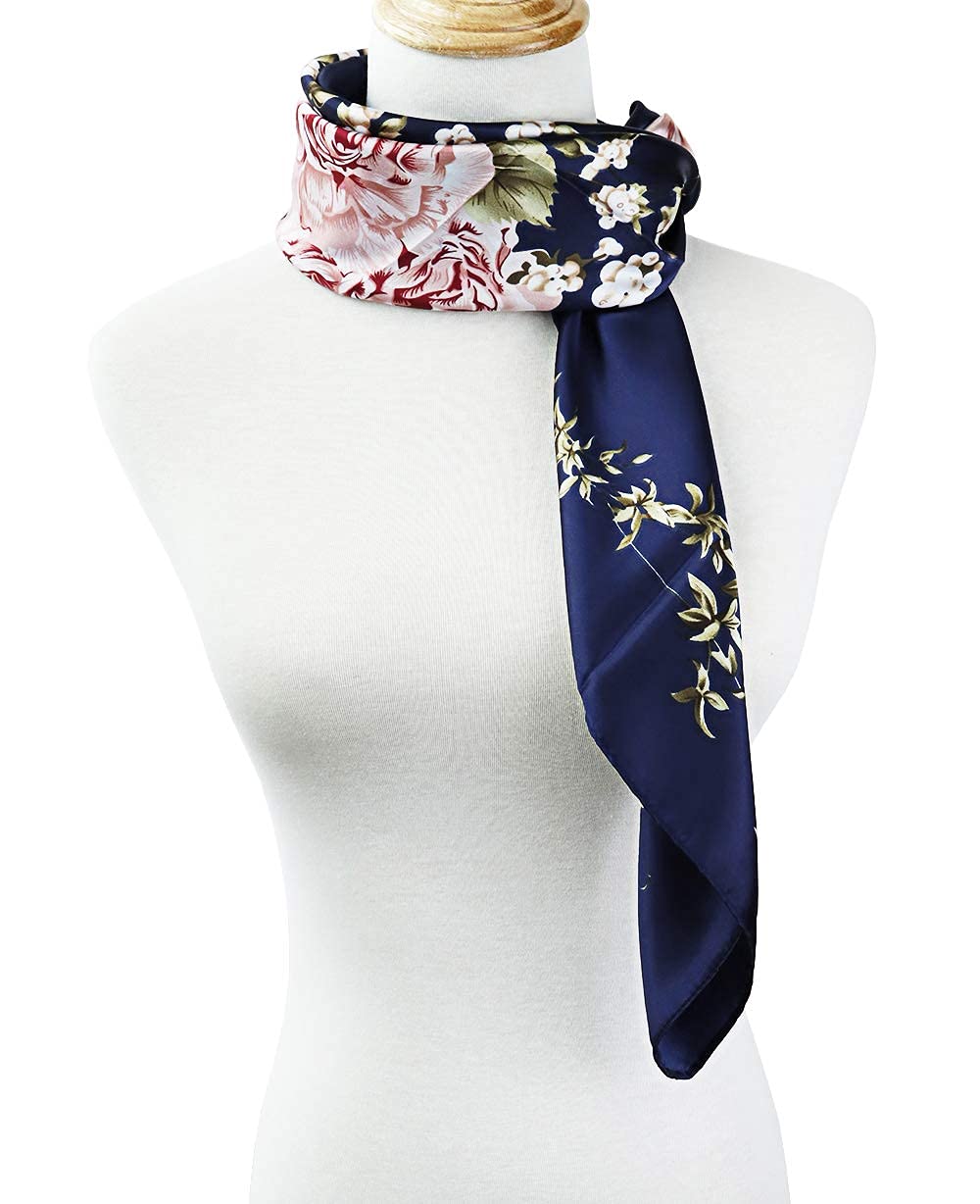 HASTHIP® 2 Pcs 35" Square Scarf for Women, Stylish Satin Silk Scarf, Soft Lightweight Neck Scarf for Office, Travel & Parties, Valentine Gift for Wife, Elegant Floral Prints in Navy Blue & Green