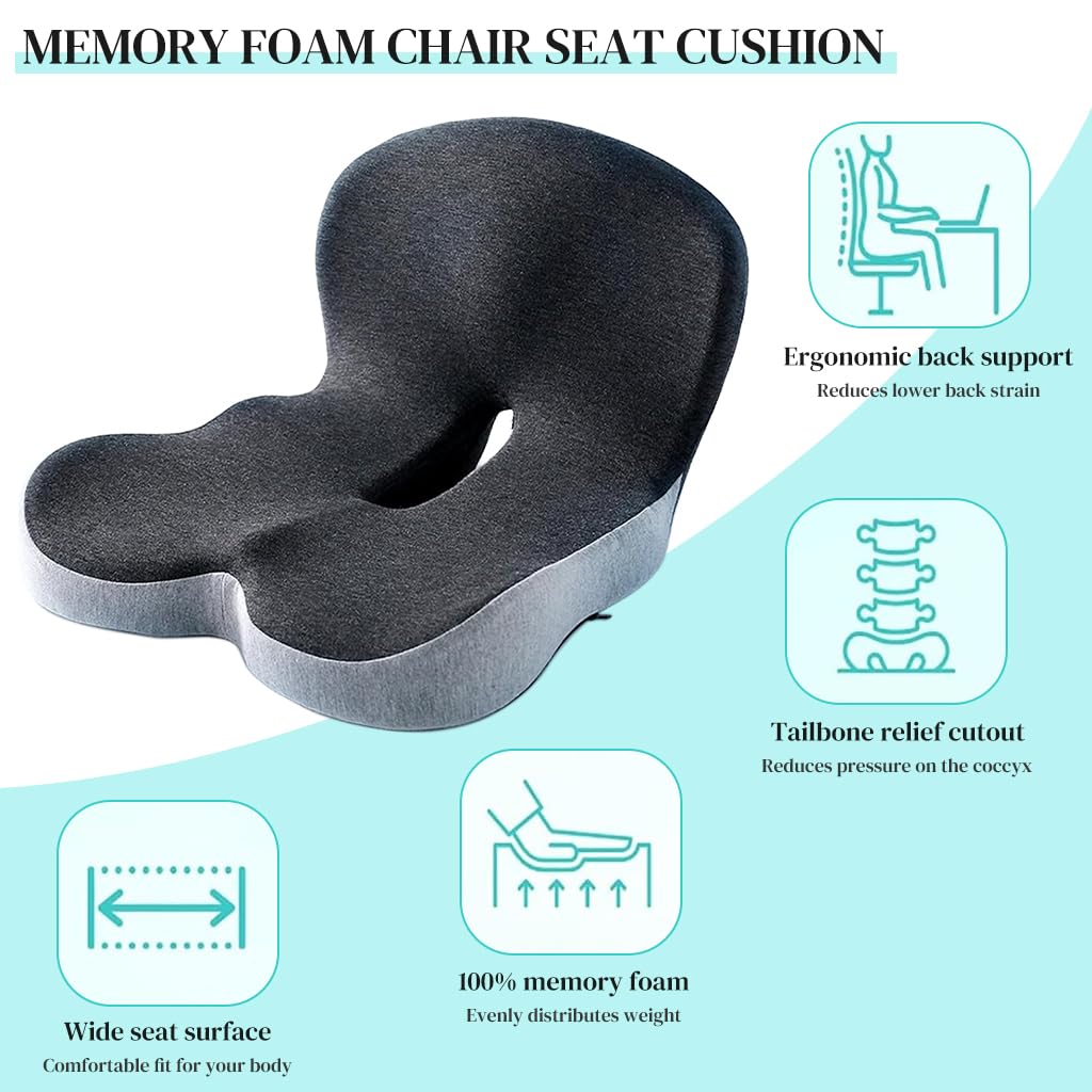 HASTHIP® Memory Foam Seat Cushion for Office Chair, Car & Truck, Ergonomic Coccyx & Tailbone Pain Relief Cushion with Lumbar Back Support, Non-Slip Large Chair Pad for Long Sitting - Dark