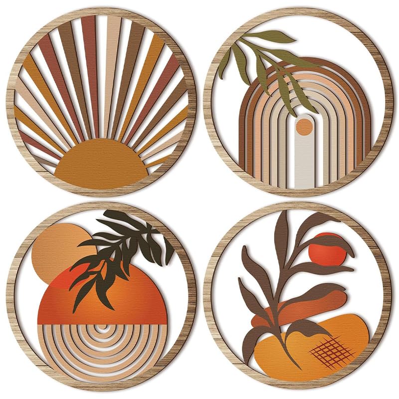 HASTHIP Wall Decor Set for Living Room and Bedroom featuring 4pcs 10 in Wooden Art | Quick Invisible Mounting