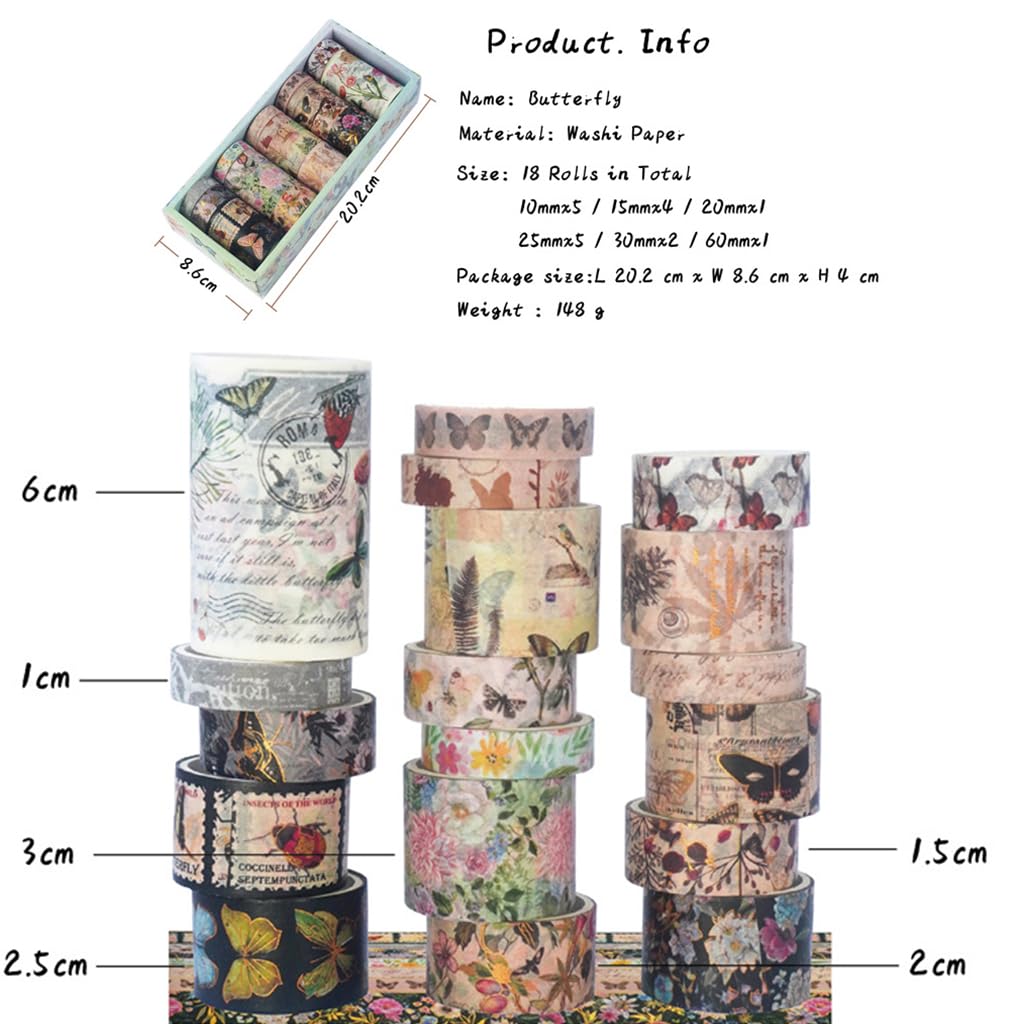 HASTHIP Vintage Washi Tape for Scrapbooking with 18 Rolls 6 Sizes and Gold Silver Foil | Writable Floral Butterfly Design