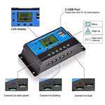 20A 12V/24V Solar Charge Controller Solar Panel Controller Intelligent Regulator with Dual USB Port 5V Light Timer Control LCD Display