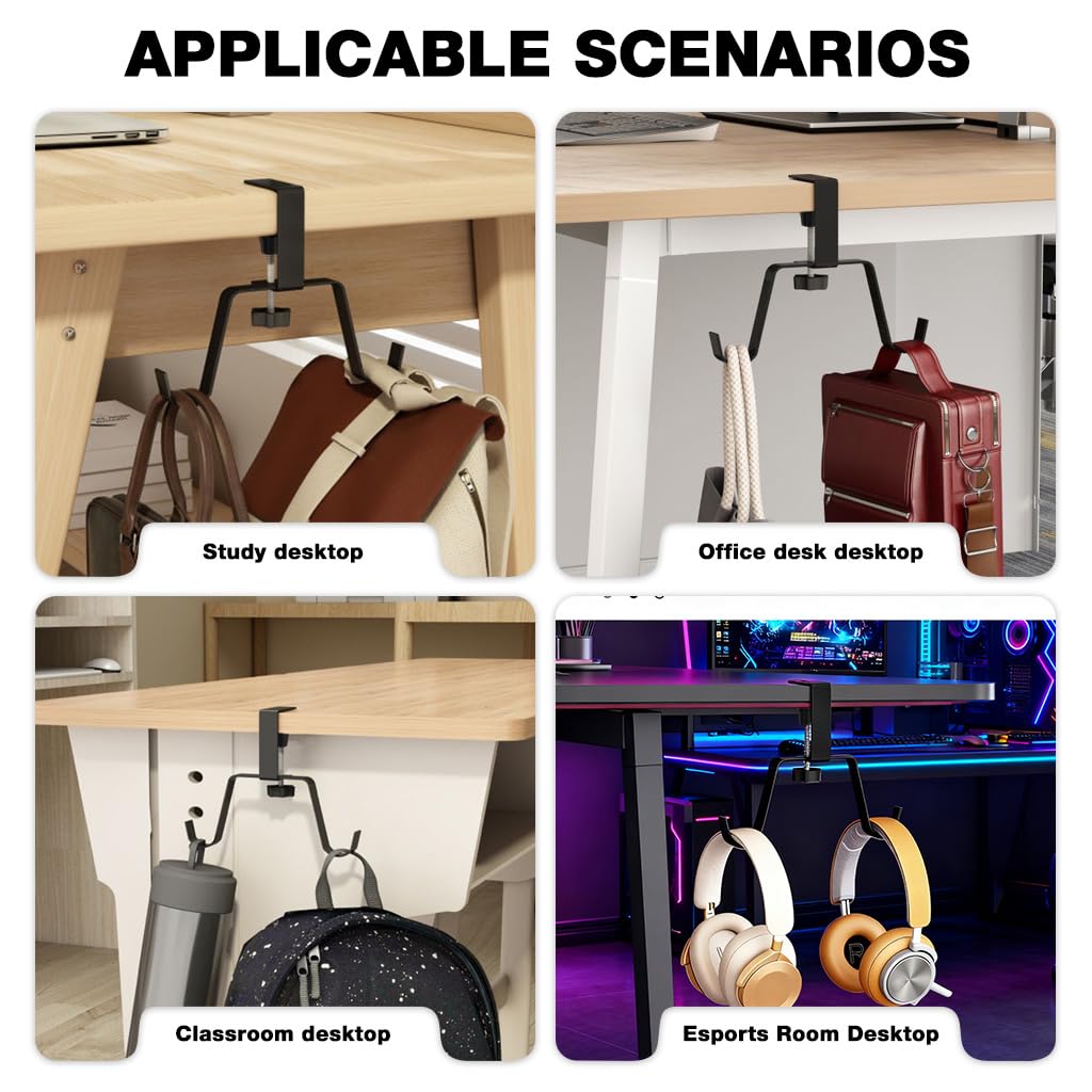 HASTHIP Desk Mount Bag Hook for Office and School featuring Twin Hook Metal Design | No Drill Clamp Organizer