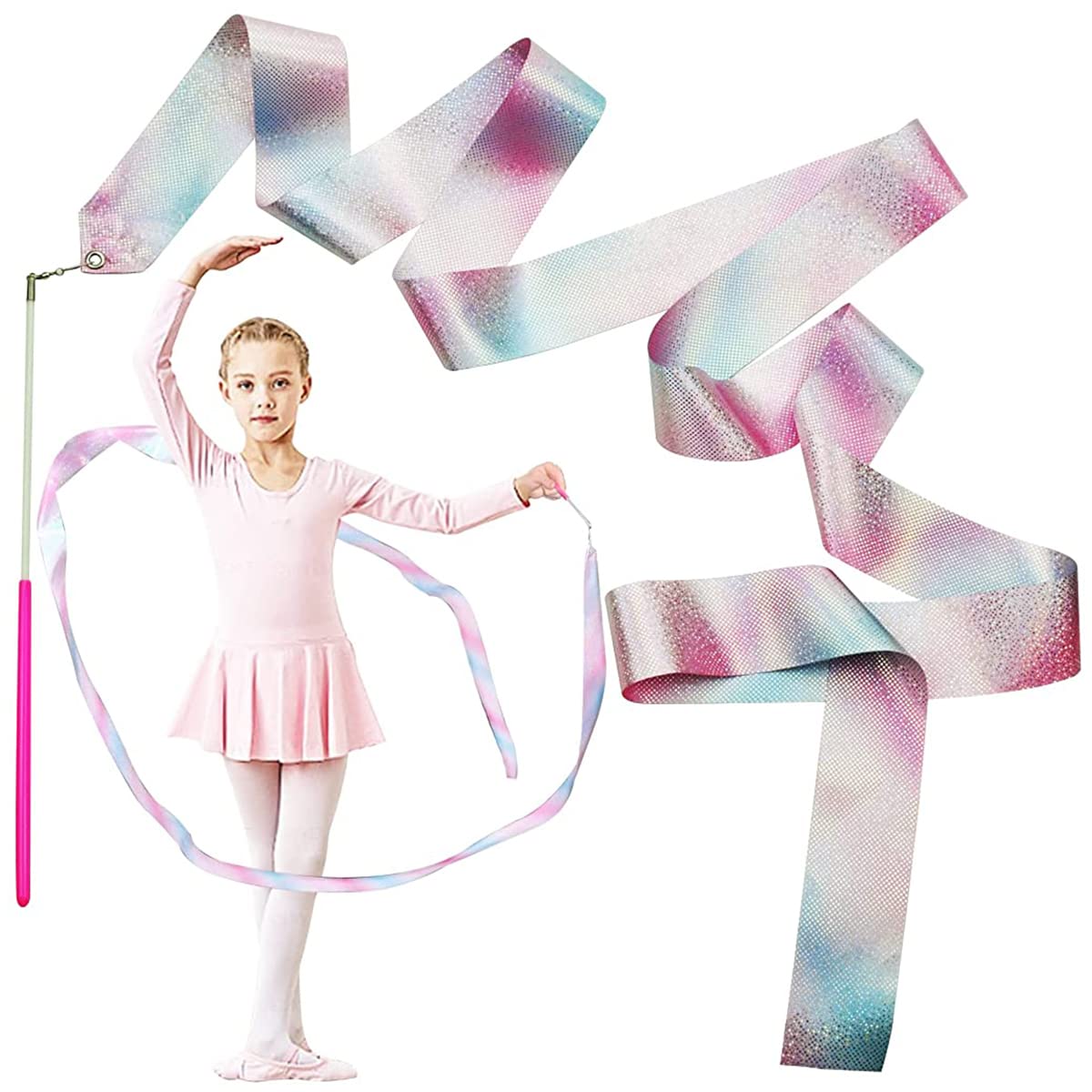 HASTHIP Sports Ribbons with Sticks for Rhythmic Gymnastics featuring 2 m Streamers | Polyester Glitter Pink Design for Kids Dance