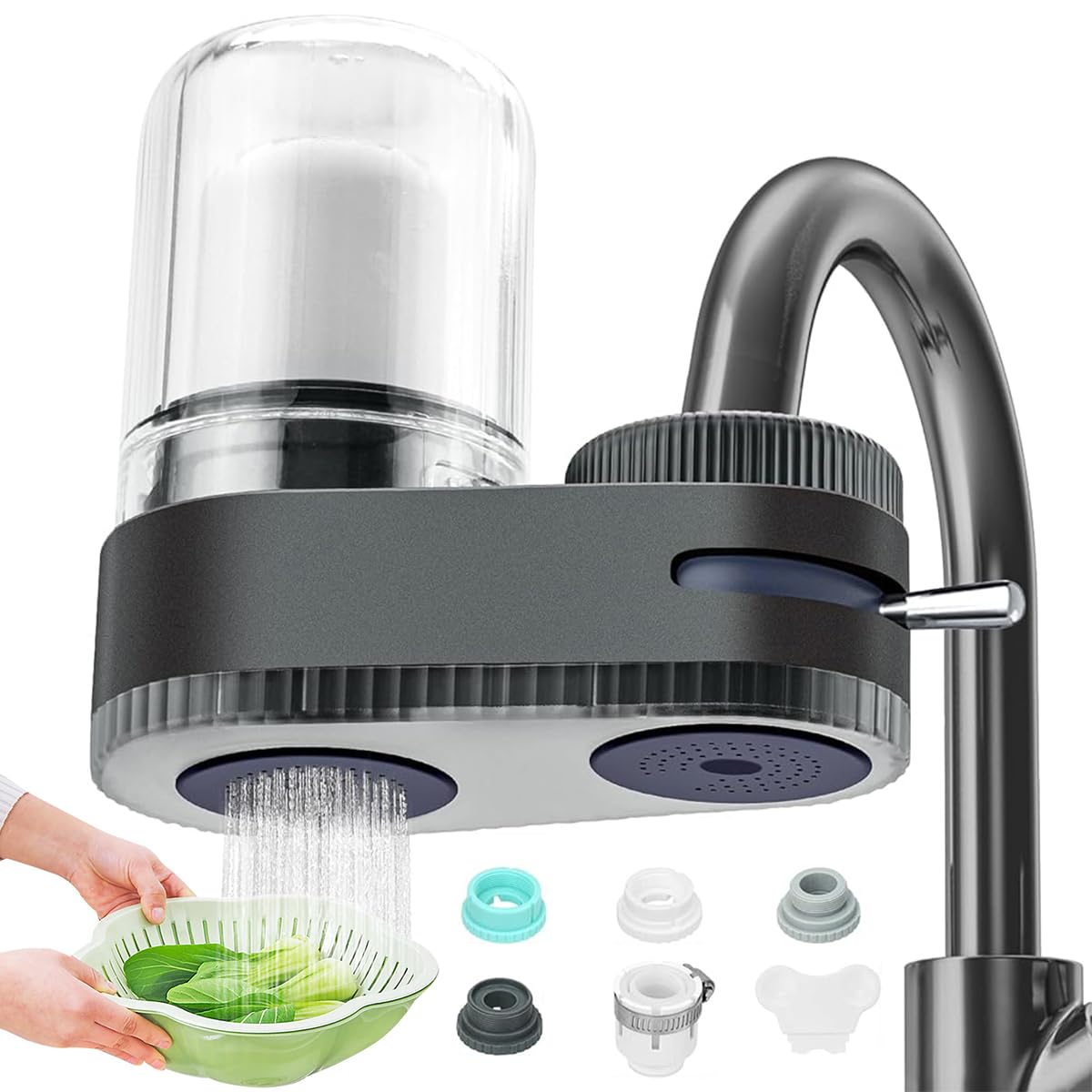HASTHIP® Kitchen Sink Water Filter Dual-Spout Water Filter Multi-Level Natural Activated Carbon Filtration Water Filter Transparent Filtration Bin Design Universal Water Filter Kitchen
