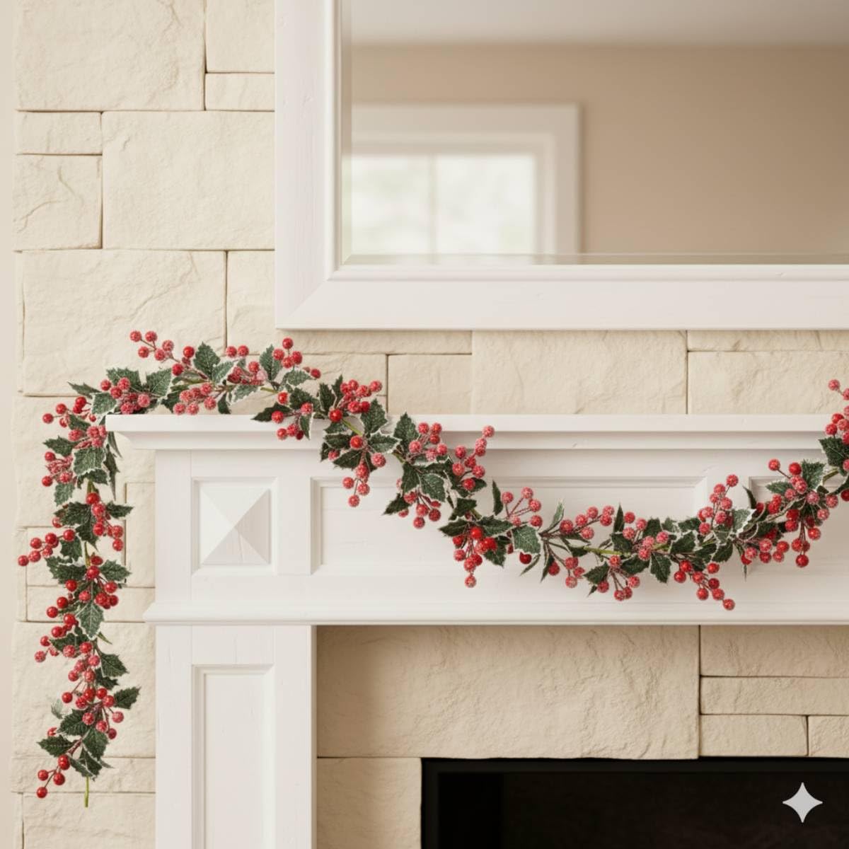 HASTHIP Christmas Berry Garland for Fireplace Mantel and Stair Decor with 5.7ft Vine | Frosted Red Berries and Green Holly Leaves
