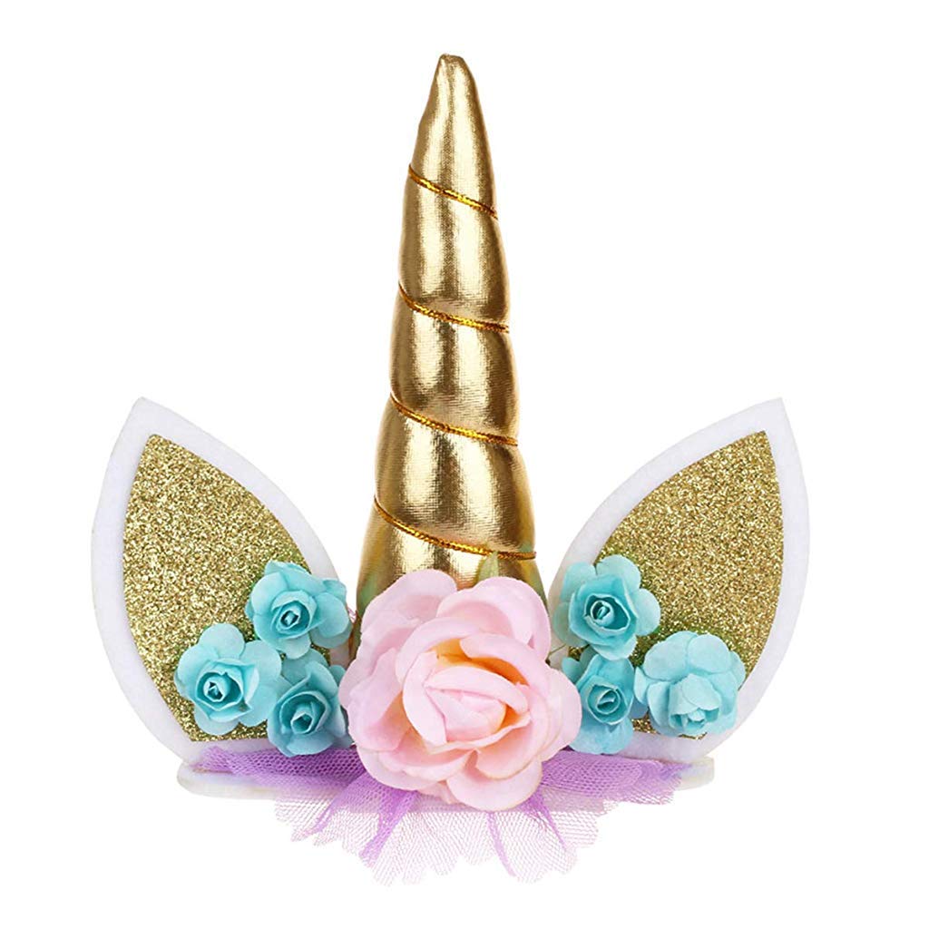 HASTHIP Unicorn Cake Topper Set for Birthday Cakes with 5.8 in Gold Horn and Felt Ears | 2 PCS