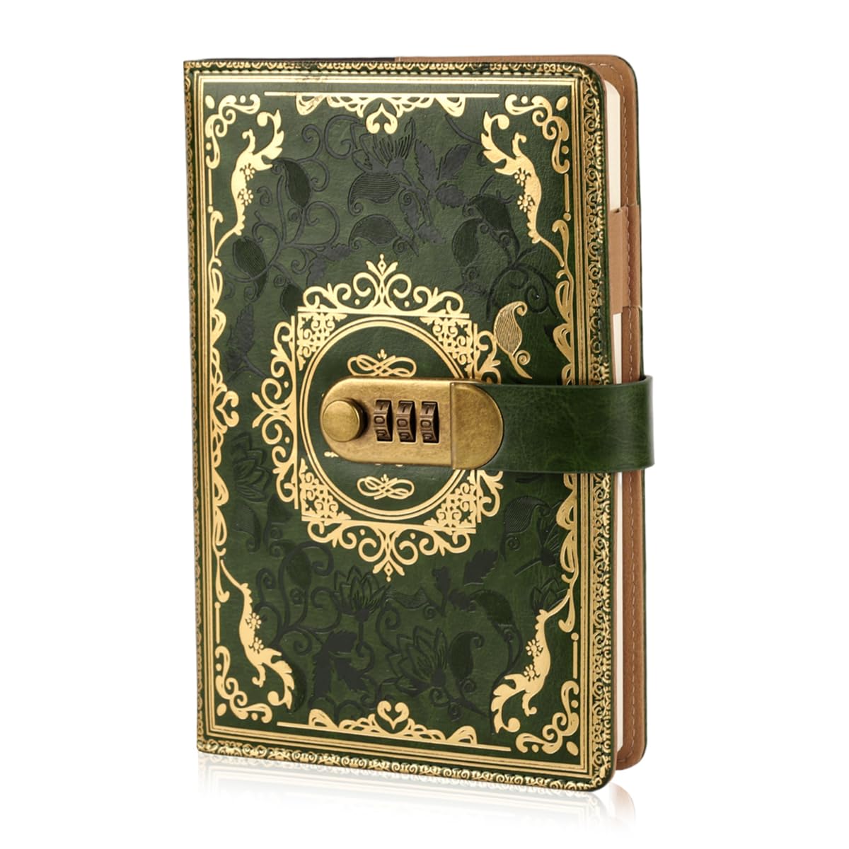HASTHIP® Vintage Leather Journal Notebook with Combination Lock, A5 Refillable Embossed Flower Writing Diary with Lined Paper, Secret Notebook for Women Girls Kids, Retro Gift Idea (Green)