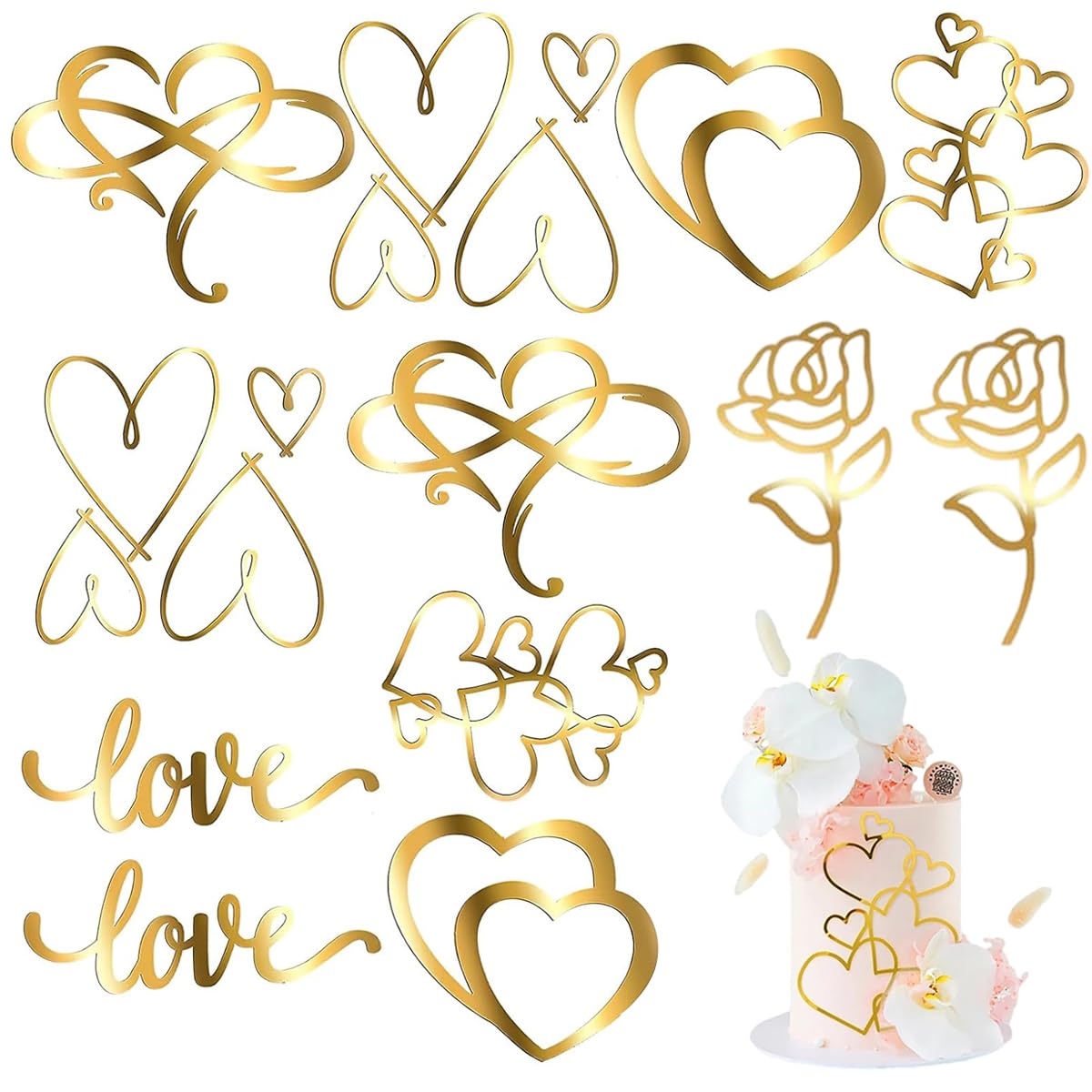 HASTHIP Love Flower Cake Toppers 12 Pcs for Birthday Cakes with Acrylic Hearts | Cute Decoration