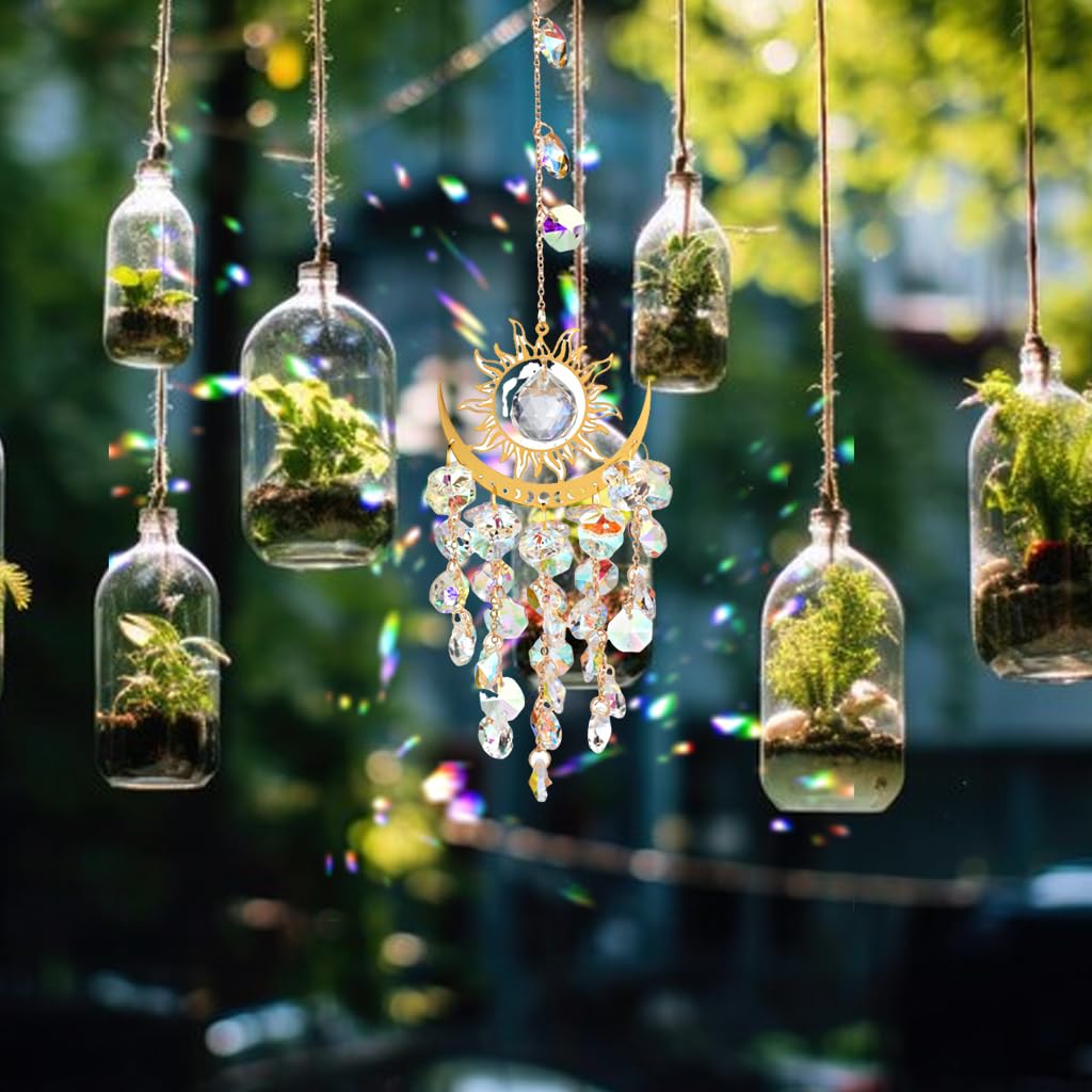 HASTHIP® Crystal Wind Chimes 14.96 Inches Hanging Garden Wind Chimes Color Crystal Shining Wind Chime Golden Sun Crescent Decorative Wind Chimes for Balcony, Garden House Warming Gift