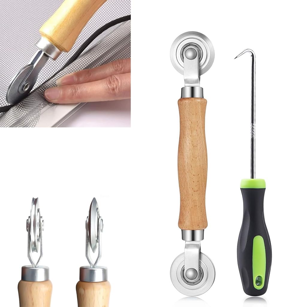 HASTHIP® Kit de reparación de malla para ventana y puerta,herramienta rodillo doble acero y nailon con rodamientos + gancho extractor,rodillo spline kit profesional