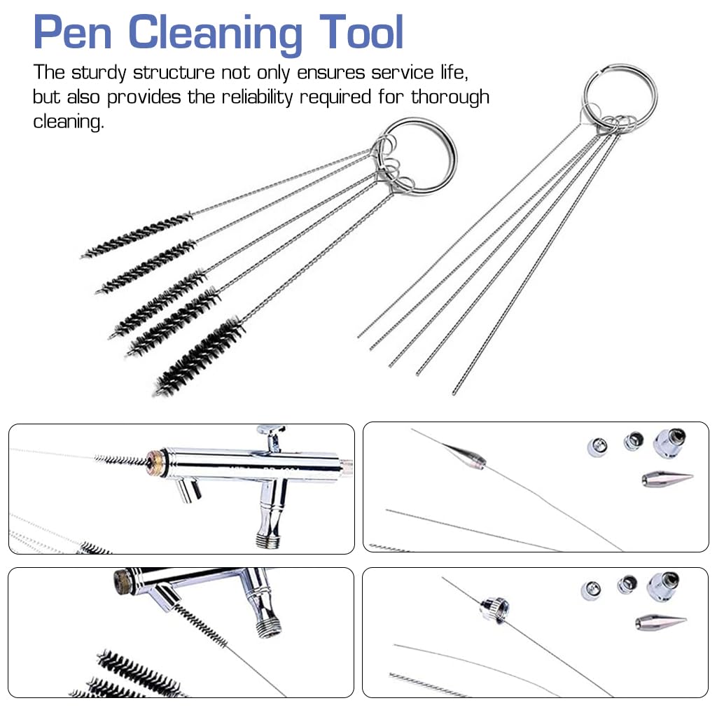 HASTHIP® Airbrush Cleaning Brushes Set - 5 Micro Brushes, Precision Cleaning Pins & Metal Needles - Stainless Steel Tool Kit for Nozzle, Spray Gun Maintenance & Clog Removal - Durable & Versatile