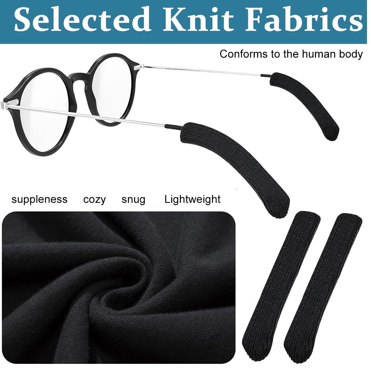 HASTHIP Specs Holder Glasses Ear Cushion for Eyewear featuring Non Slip Elastic Knit Fabric | 2 Pairs Black Soft Temple Sleeves