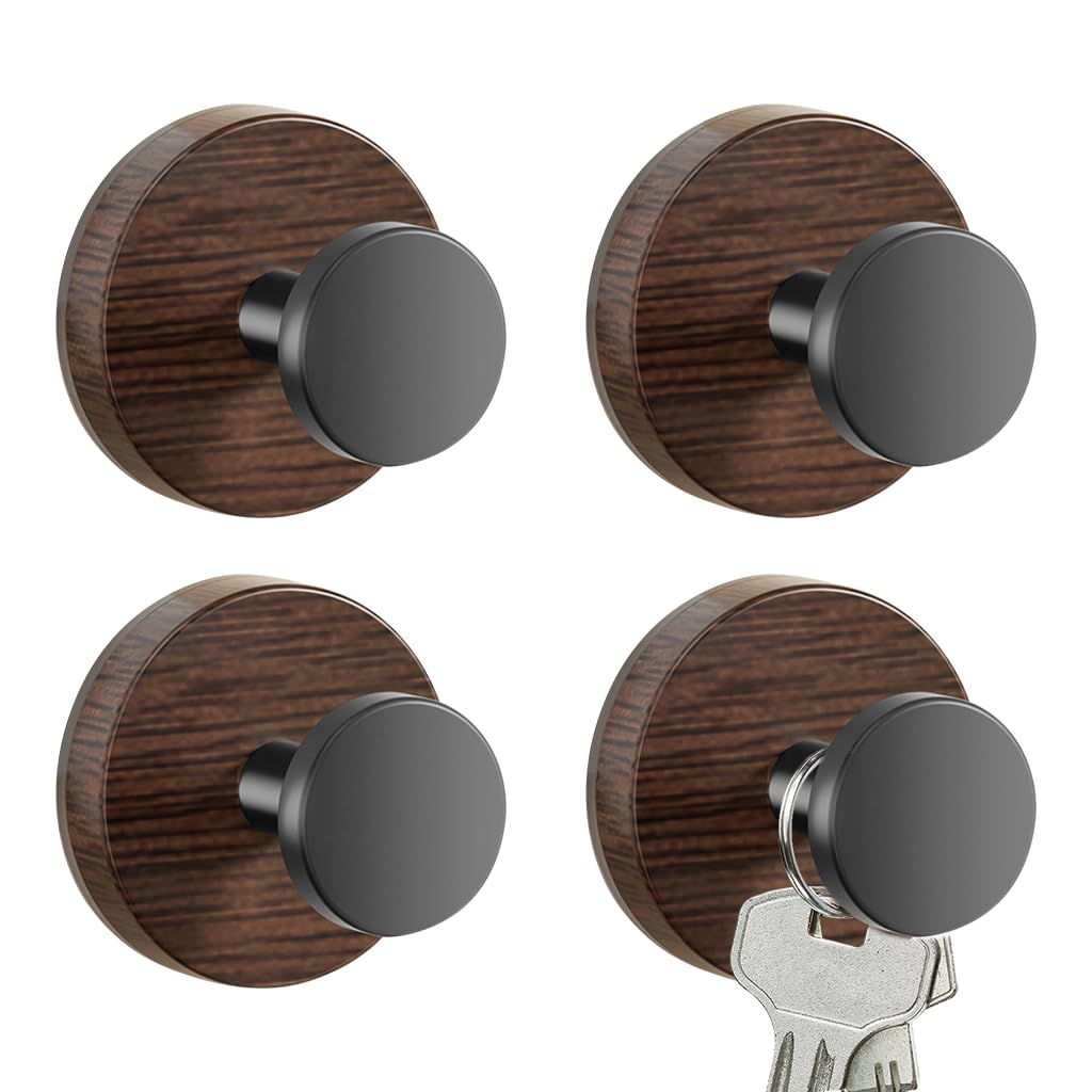 HASTHIP Suction Wall Hooks for Bathroom and Kitchen with Strong Hold and Wooden Grain Base | 4Pcs Reusable Organizer
