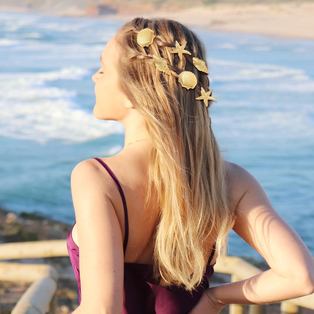 HASTHIP 6-Pack Gold Starfish & Seashell Hair Clips for Women and Girls