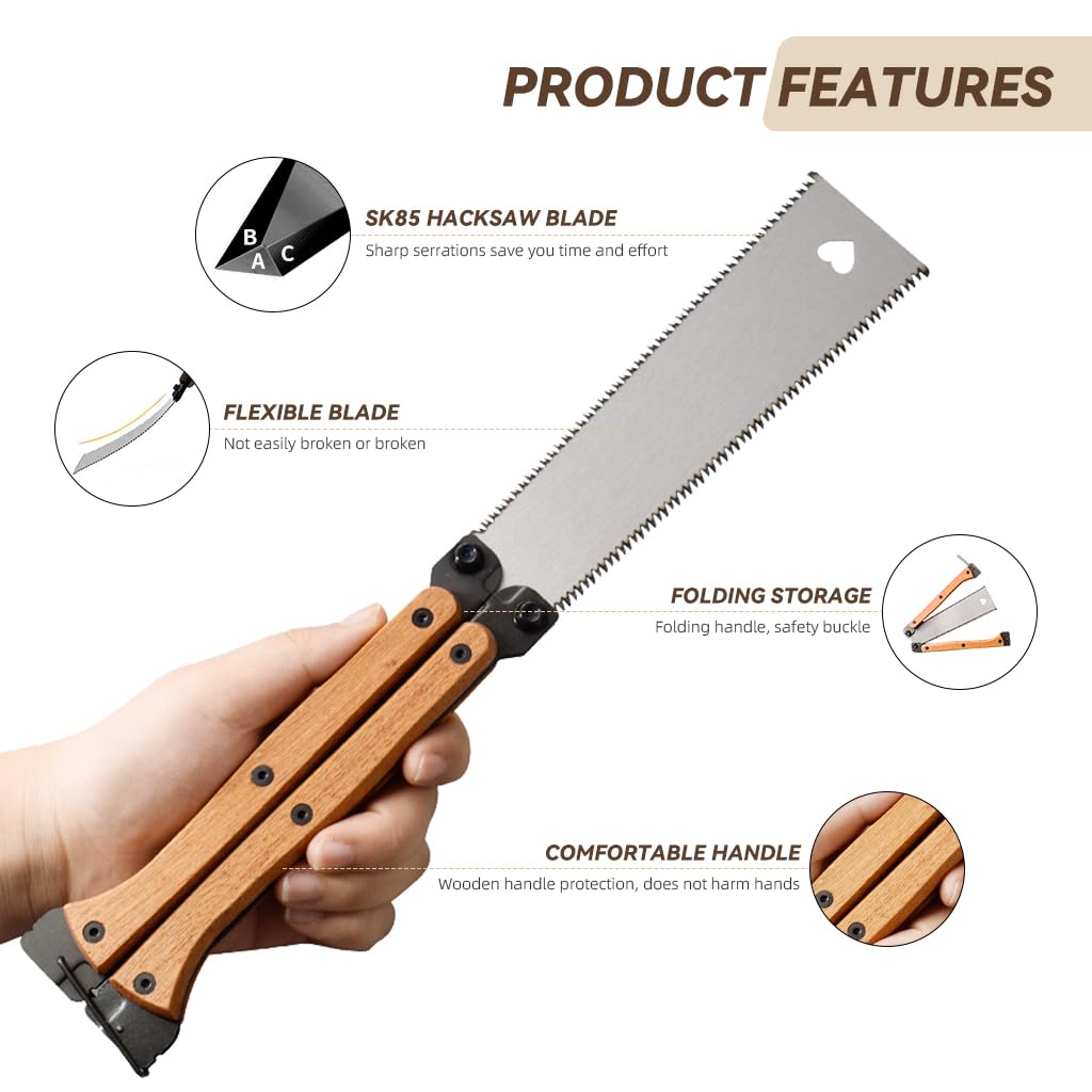 Hand Saw Wooden Handle 5.5 Inch Steel Blade Butterfly Folding Saw High Hardness SK-5 Steel Double Side Hand Saw Portable Woodworking Hand Saw for DIY Wooden Craft Wood Work