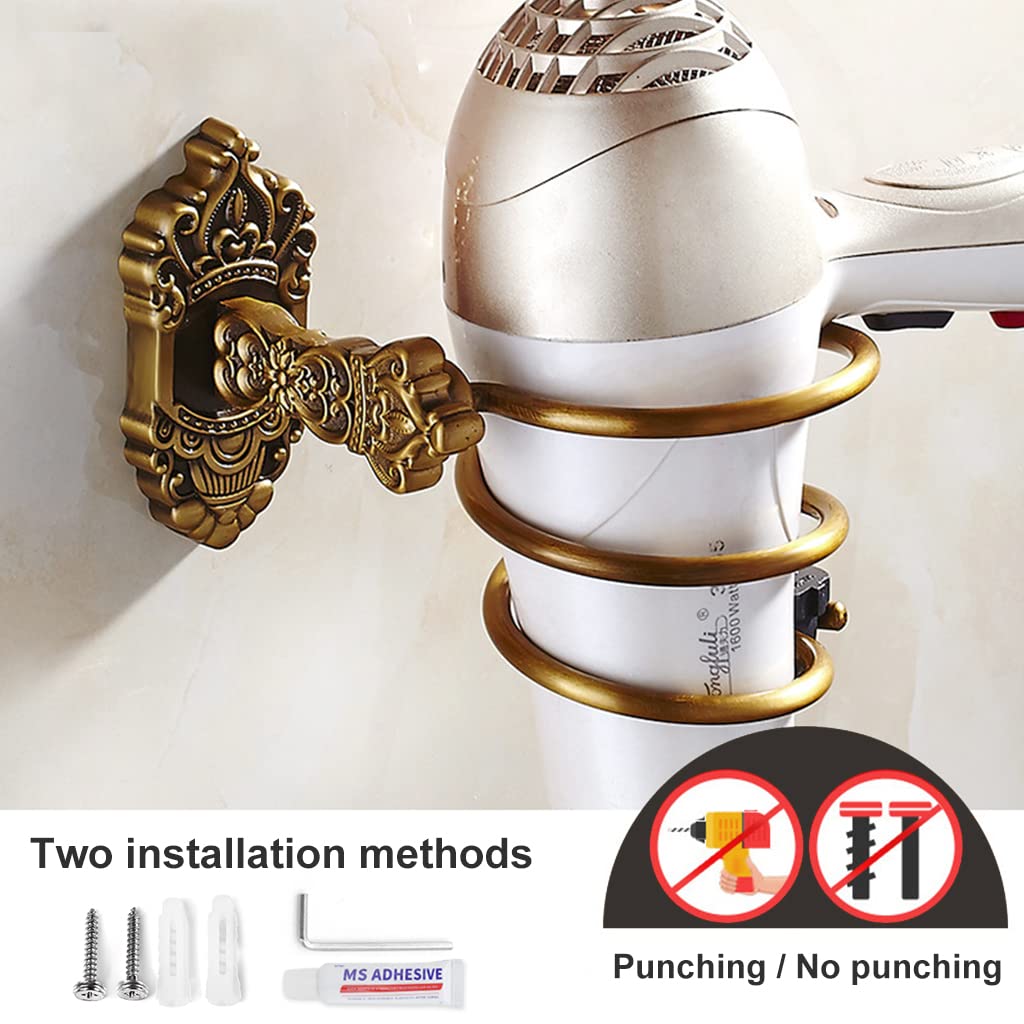 HASTHIP Hair Dryer Stand for Bathroom with Glue and Screws featuring 9.4×10.3×14cm Aluminum Spiral Rack | Retro Bronze Wall Mount Organizer
