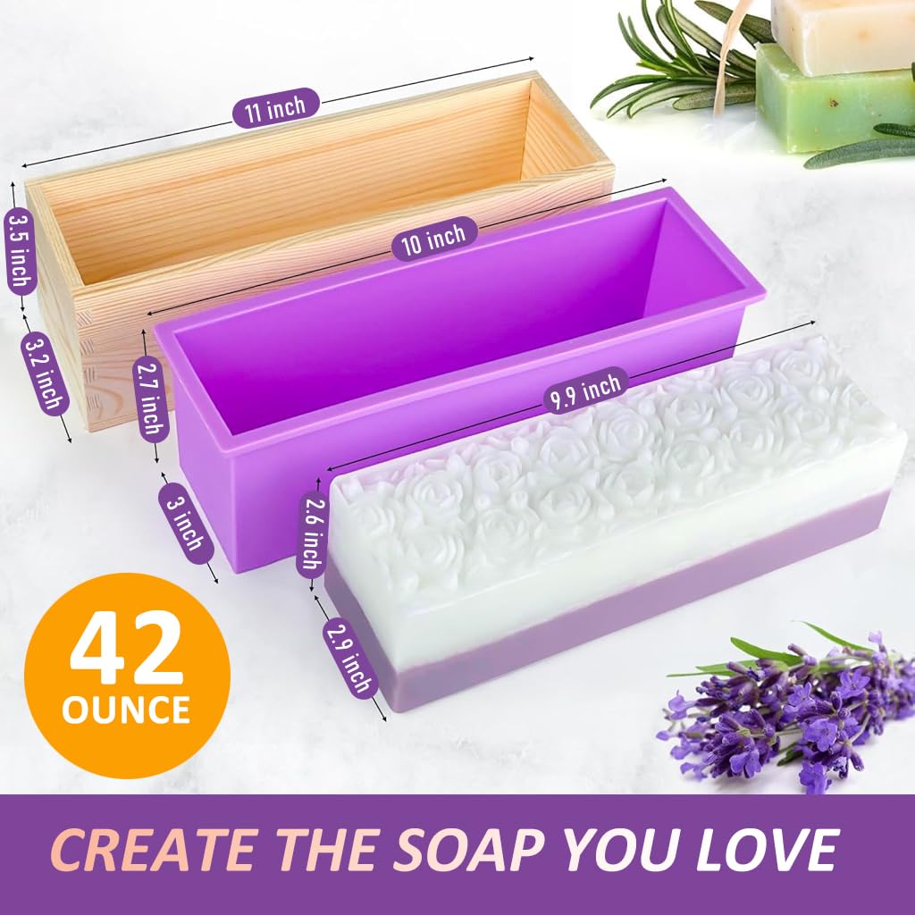 HASTHIP Silicone Soap Mold for DIY Soap Making 1200g Capacity with Wooden Box and Dual Cutters