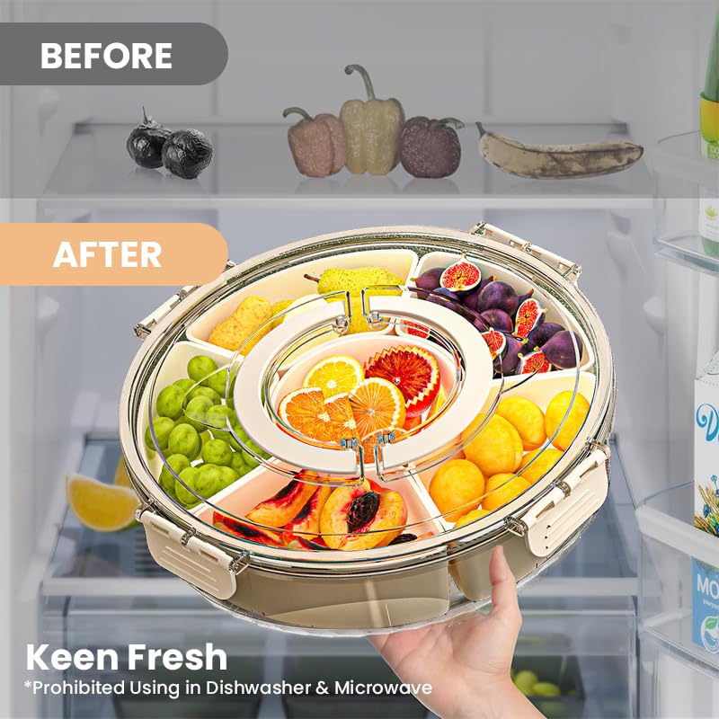 HASTHIP® 11 inch Divided Serving Tray with Lockable Lid & Folding Handle, 360 ° Rotation, 6-Compartment Food Container Food Platter for Serving Fresh Fruits, Dry Fruits, Mixed, Nuts, Snack