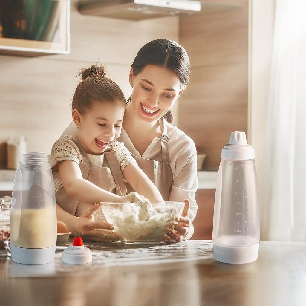 HASTHIP Pancake Batter Dispenser for Cupcakes and Muffins with Stainless Steel Blender Ball | Food Grade Reusable Mixer Bottle Featuring Integrated Scraper