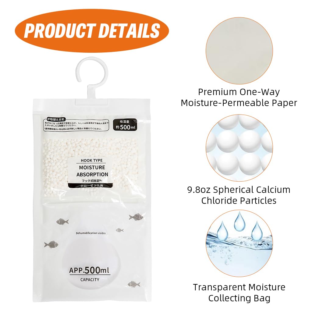 HASTHIP Dehumidifier for Wardrobe with Hanging Transparent Bags 4 Pack | Absorbs up to 400ml Moisture