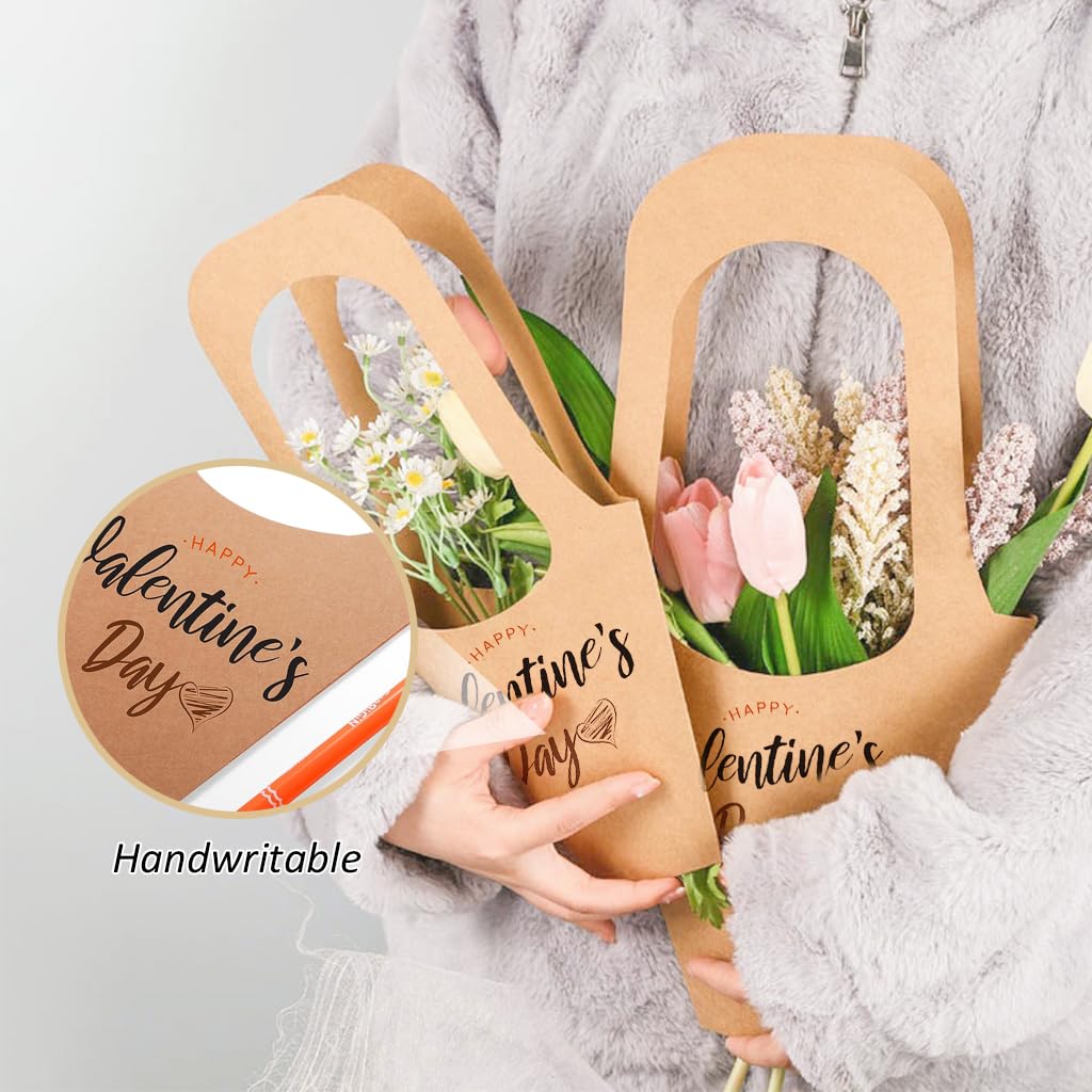 10pcs Flower Bouquet Gift Wrapping Paper with Handle Flowers Gift Wrap Bag Vintage Kraft Paper Flower Bouquet Carry Bag Flower Shop Gift Pack, Home Decoration