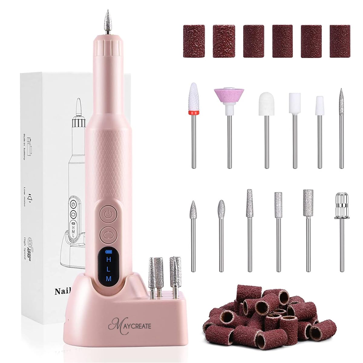 HASTHIP® Torno de Uñas Eléctrico Inalámbrico Profesional 20000RPM con Pantalla LCD,Velocidad Ajustable,Kit de Brocas para Manicura y Pedicura Recargable por USB para Uñas Gel y Acrílicas