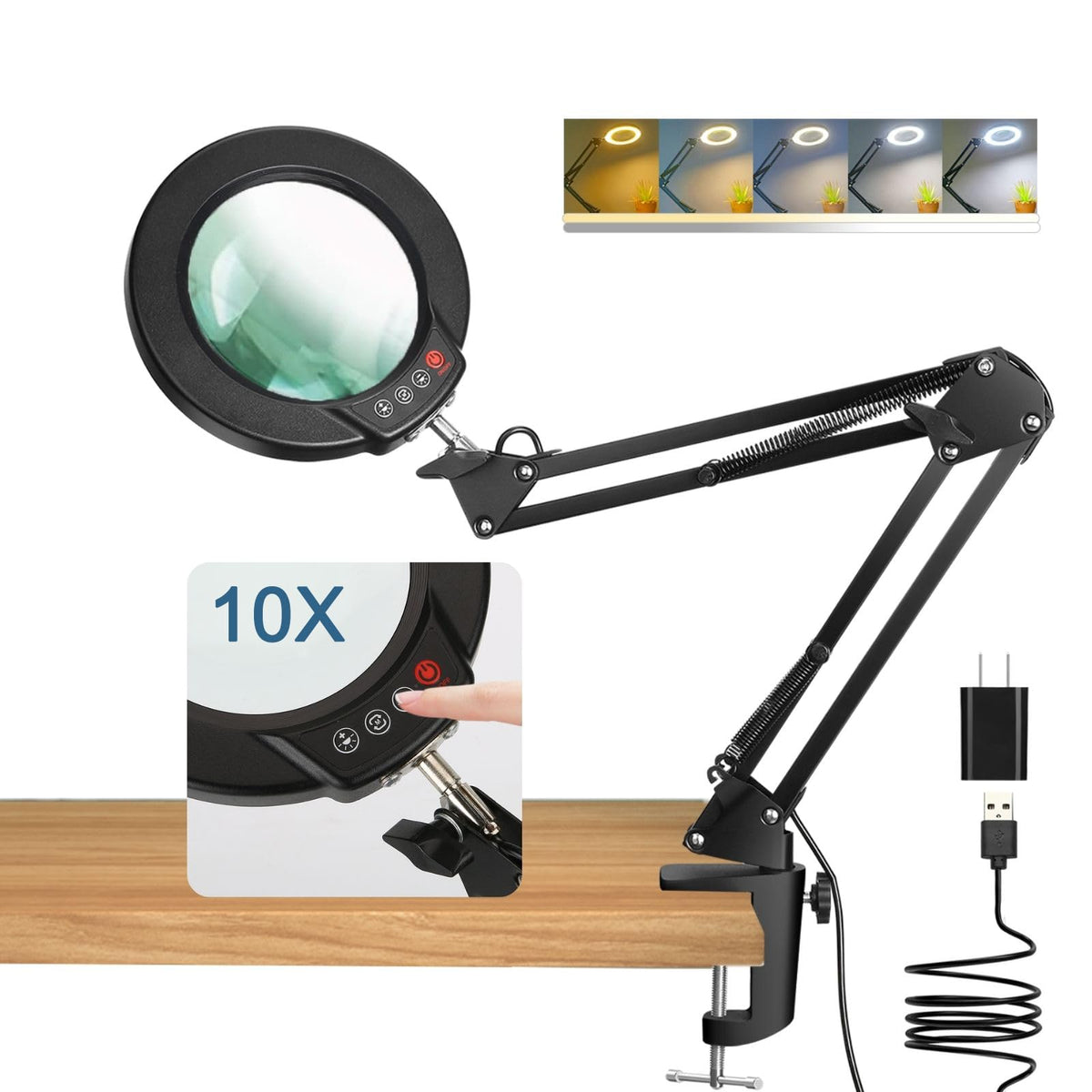 HASTHIP® Desk LED Magnifier 10X Magnifier with Flexible Arm, USB 3-Color LED Magnifier with Controller Desk Mounted LED Lamp USB Desk LED Magnifier for Repairing, Reading, DIY Crafting