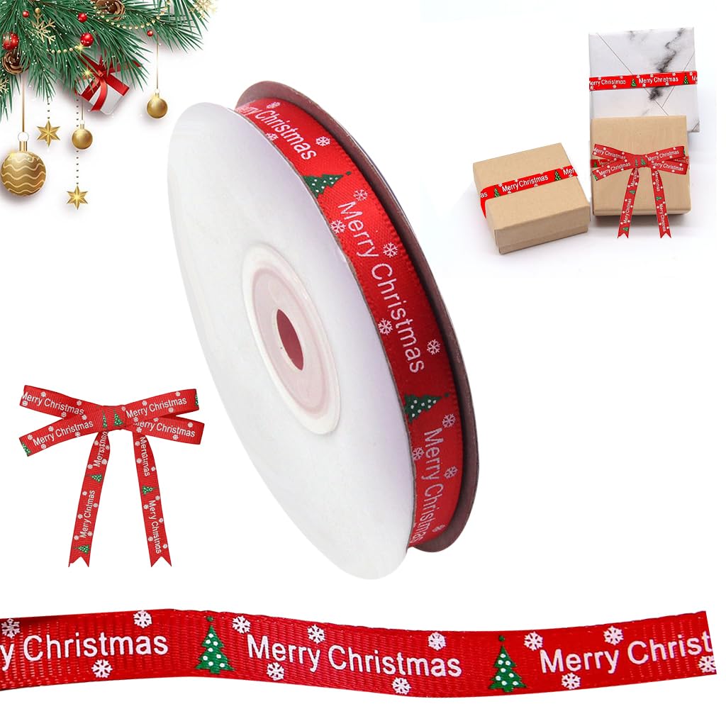 HASTHIP Christmas Ribbon Roll for Gift Wrapping with Merry Print 25 Yard 1cm Red | Holiday Crafts and Decorations