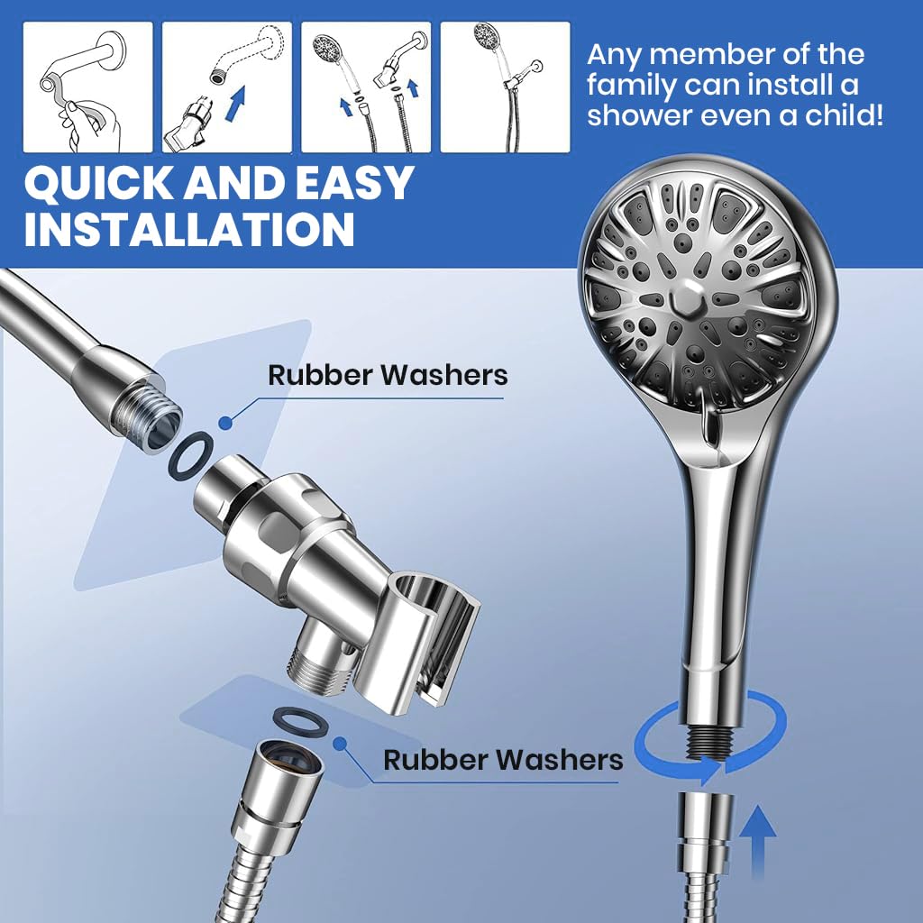 HASTHIP Hand Shower for Bathroom with 9 Spray Modes and 60 in Hose | Pressurized ABS Set