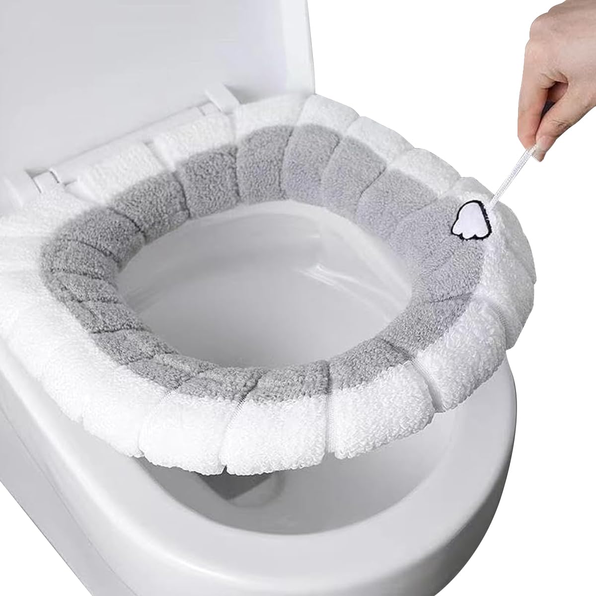 HASTHIP Soft Plush Winter Toilet Seat Cover with Elastic Edge and Loop in Grey and White | Acrylic Fiber Bathroom Seat Warmer for Comfort