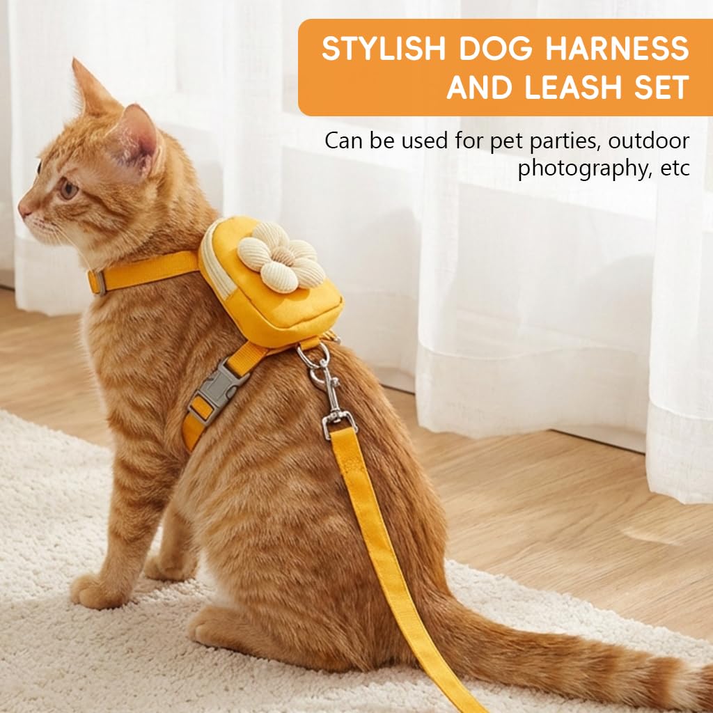 HASTHIP®Dog Cat Harness and Leash Set, Fabric Webbing Puppy Harness with Matching Leash, Mini Zipper Pouch & Cute Yellow Flower Accent, for 2-5kg Small Dogs Cats, L & M (Yellow, M)