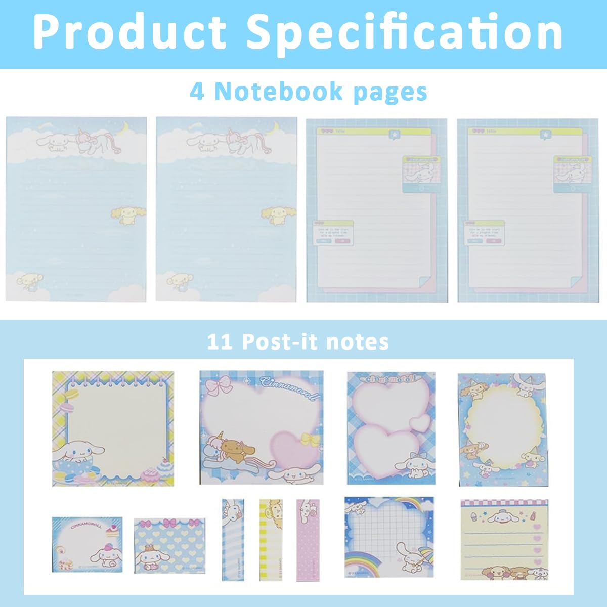 330 Sheets Kawaii Sticky Notes Set - Cute Cinnamoroll Themed, Cartoon Sticky Notes with Lined Letter Papers, 8 Packs Sticky Notes & 3 Sticky Tabs for Scrapbooking, School, Office Supplies