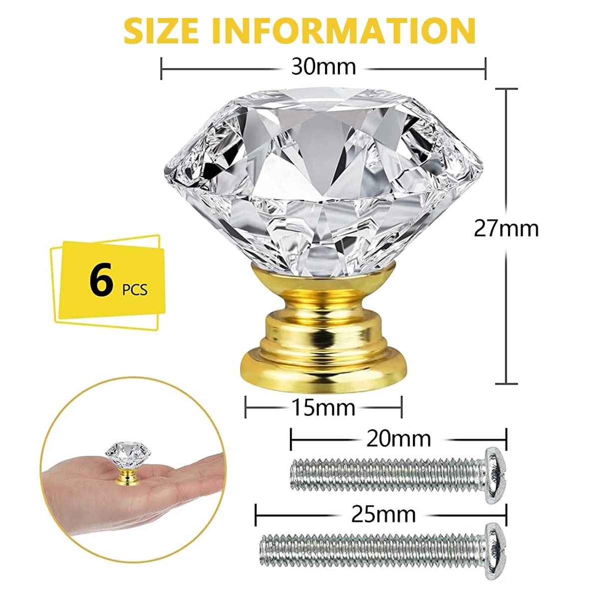 HASTHIP Cabinet Knob Pull Handle Set for Dresser and Drawers with 6 Pack 30mm Crystal Glass Diamond Knobs | Includes Screw Kit