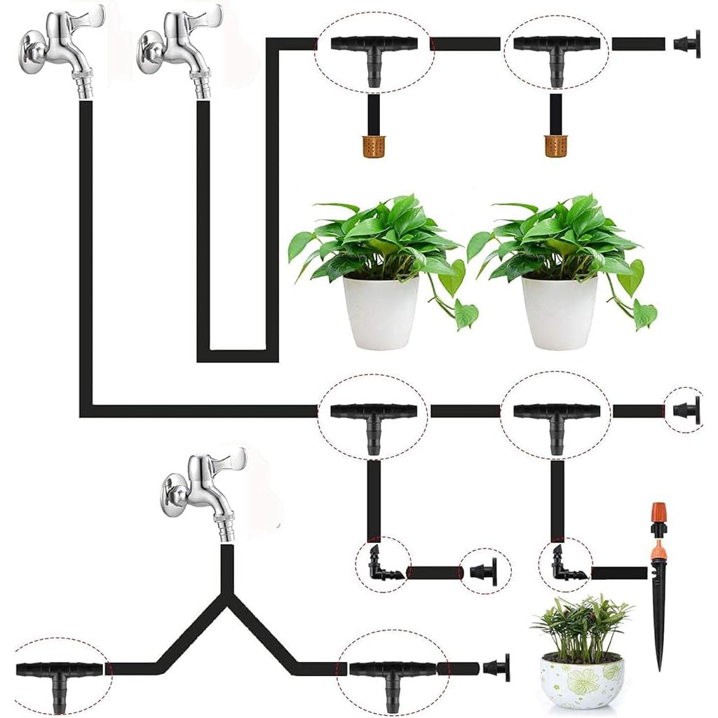 200Pcs Drip Irrigation Kit for Home Garden, 1/4'' Connectors for Gardens, Lawns & Greenhouses, Easy-Install, Durable & Leak-Resistant Design