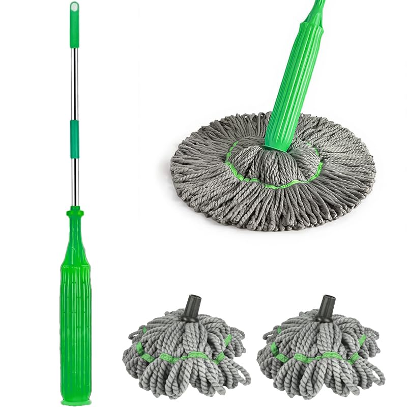 HASTHIP® Cloth Mop- Push-Pull Sleeve Wring Mop with 2 Spare Heads, Absorbent Bamboo Fiber Strip Cloth Mop, Wet Use Floor Mop for Deep Cleaning, Self-Wringing Mop for Wooden Floor, Tile Flooring