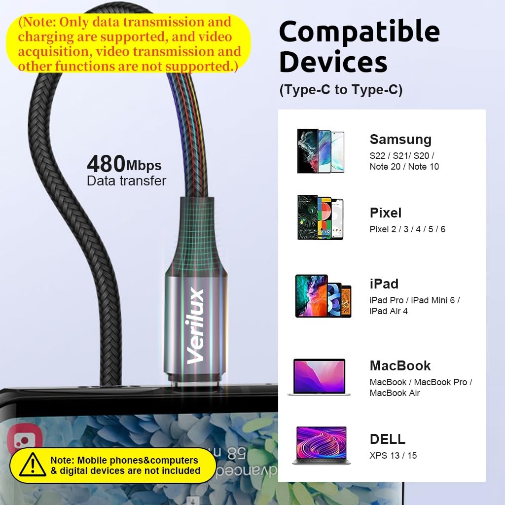 HASTHIP® Cable USB C a USB C 60W 5A Carga Rápida y Transferencia de Datos 480Mbps,Cable Trenzado de Nailon Resistente 5m Tipo para Teléfonos,Tablets y Portátiles Alta Compatibilidad
