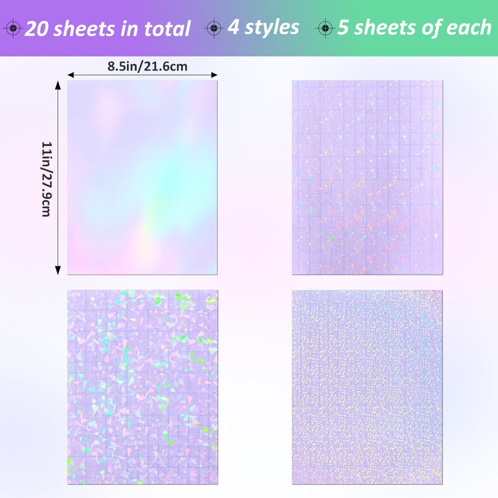 HASTHIP Vinyl Holographic Sticker for Laptop Car and Phone featuring 20 Sheets 8.5x11 in | 4 Styles Self Adhesive Lamination Paper