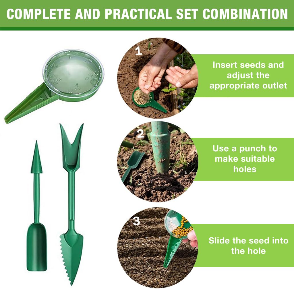 HASTHIP Mini Seed Spreader Set for Gardening with 6 Pcs Tools featuring Adjustable Dispensers | Includes Dibble Stick and Seeding Trowel