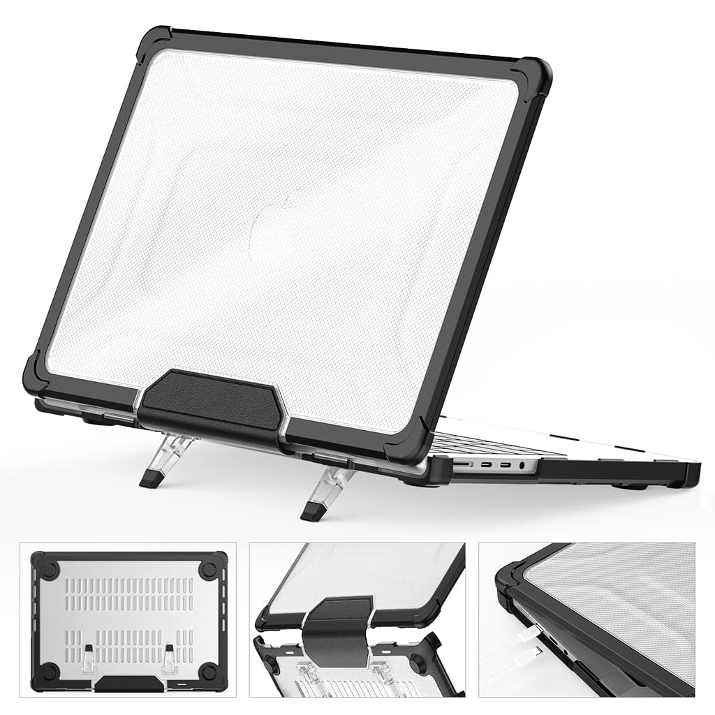 HASTHIP Laptop Case Cover for MacBook Pro 14 inch with Ergostand Feet and Black PC Shell